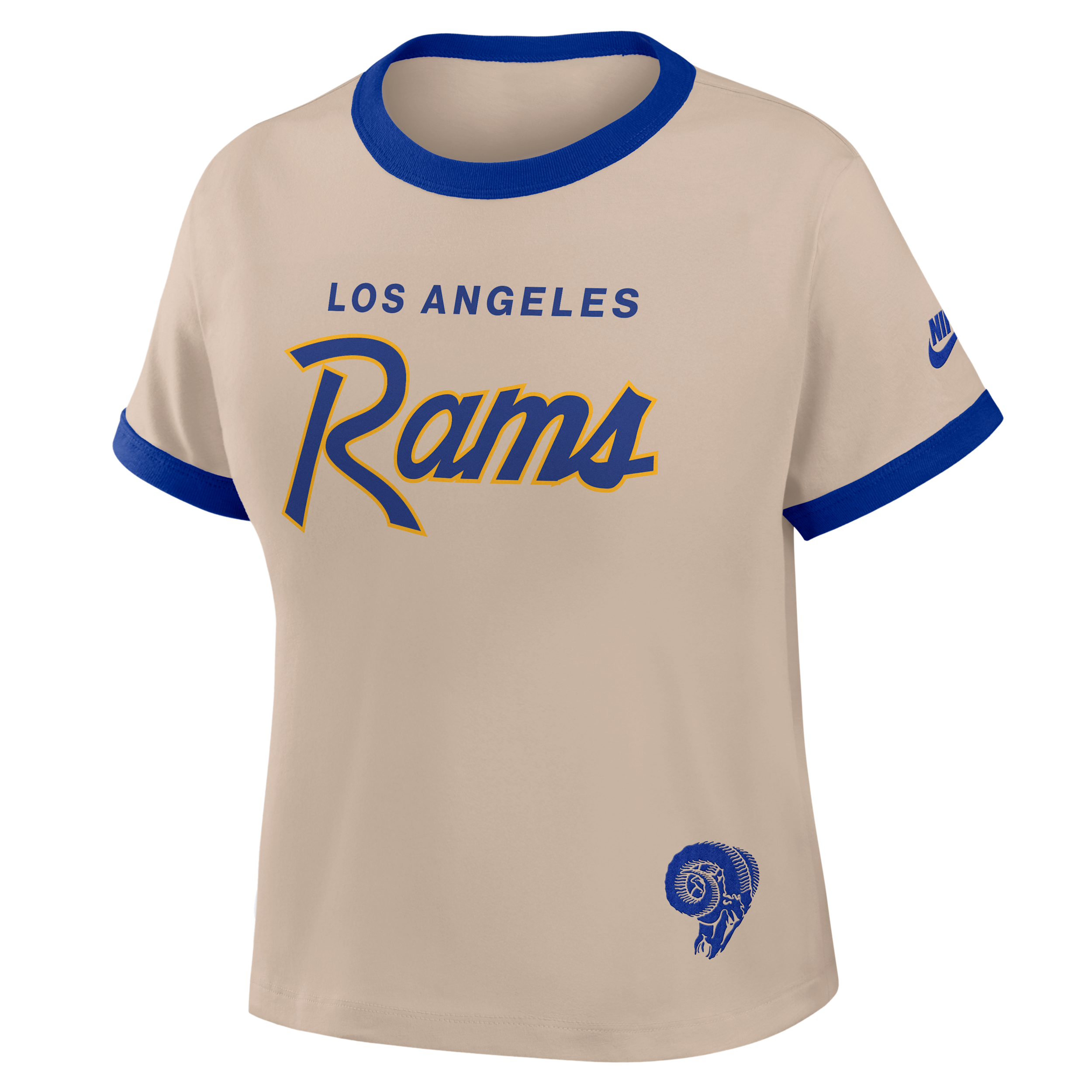 Los Angeles Rams Rewind Ringer Mod Nike Women's NFL Cropped T-Shirt in Brown | 04N90IKZ9TV-X5Q