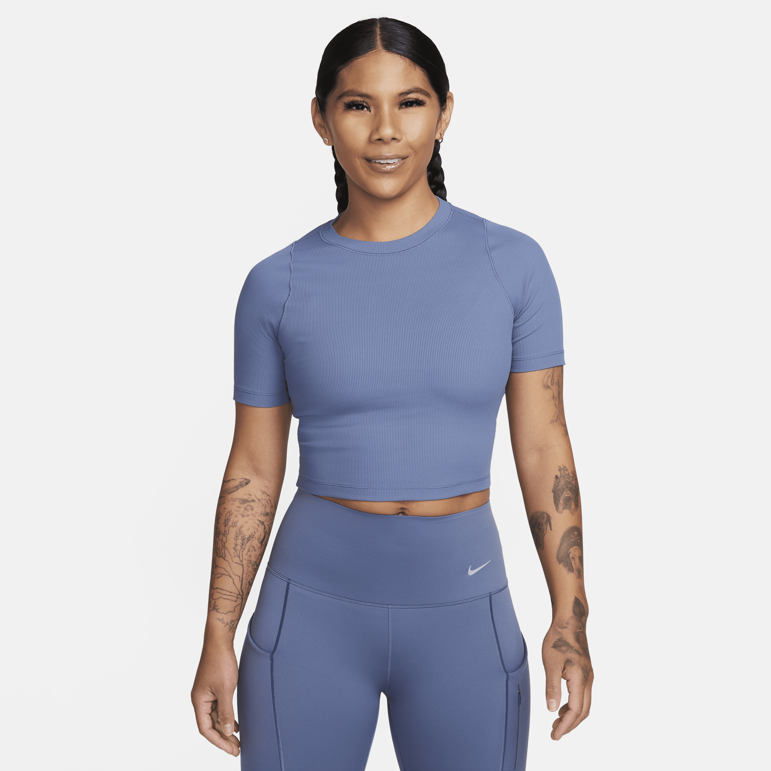 Shop Nike Women's Zenvy Rib Dri-fit Short-sleeve Cropped Top In Blue