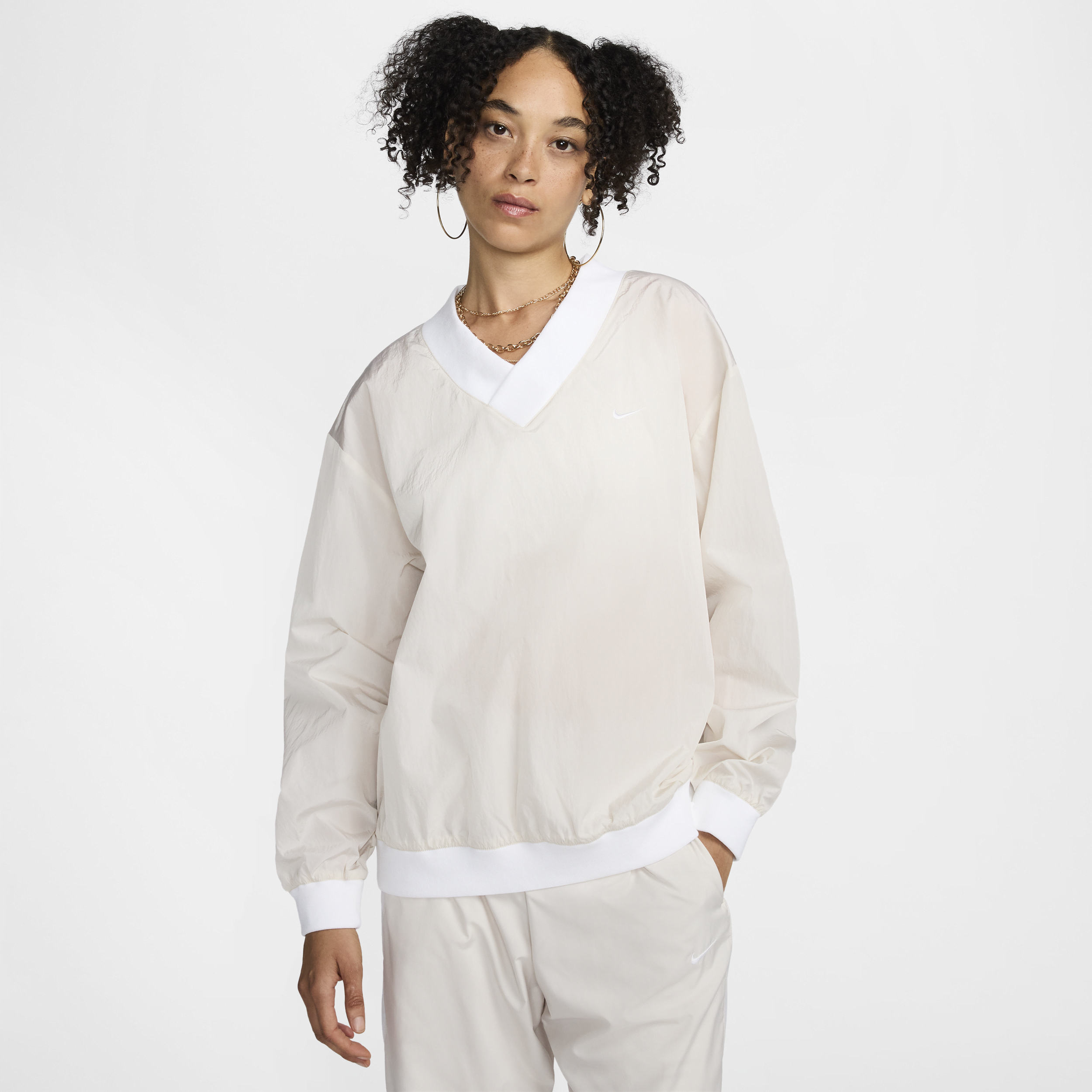 Nike Women's Sportswear Essential Loose Uv Woven Long-sleeve V-neck Top In Brown