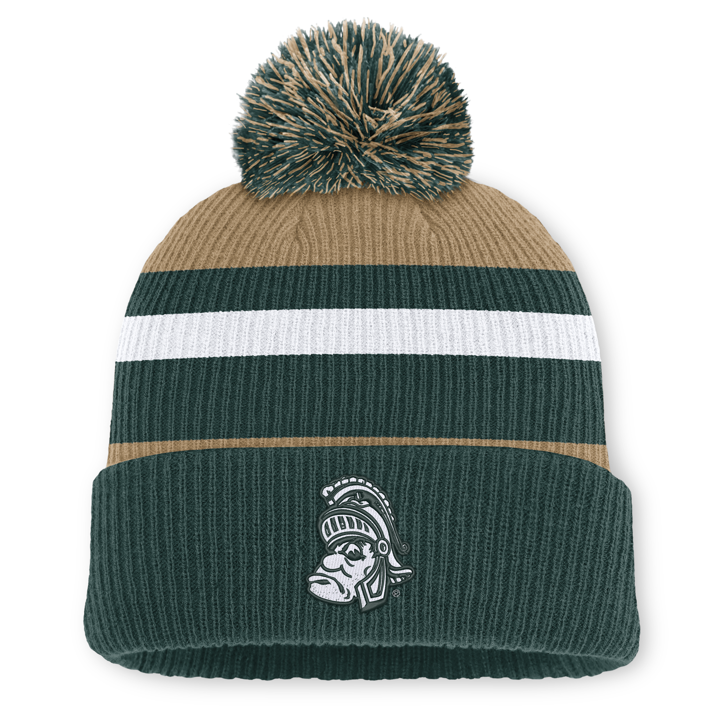Men's and Women's Nike Forest Green/Beige Michigan State Spartans Legacy Striped Cuffed Knit Hat with Pom - Beige, Forest Green