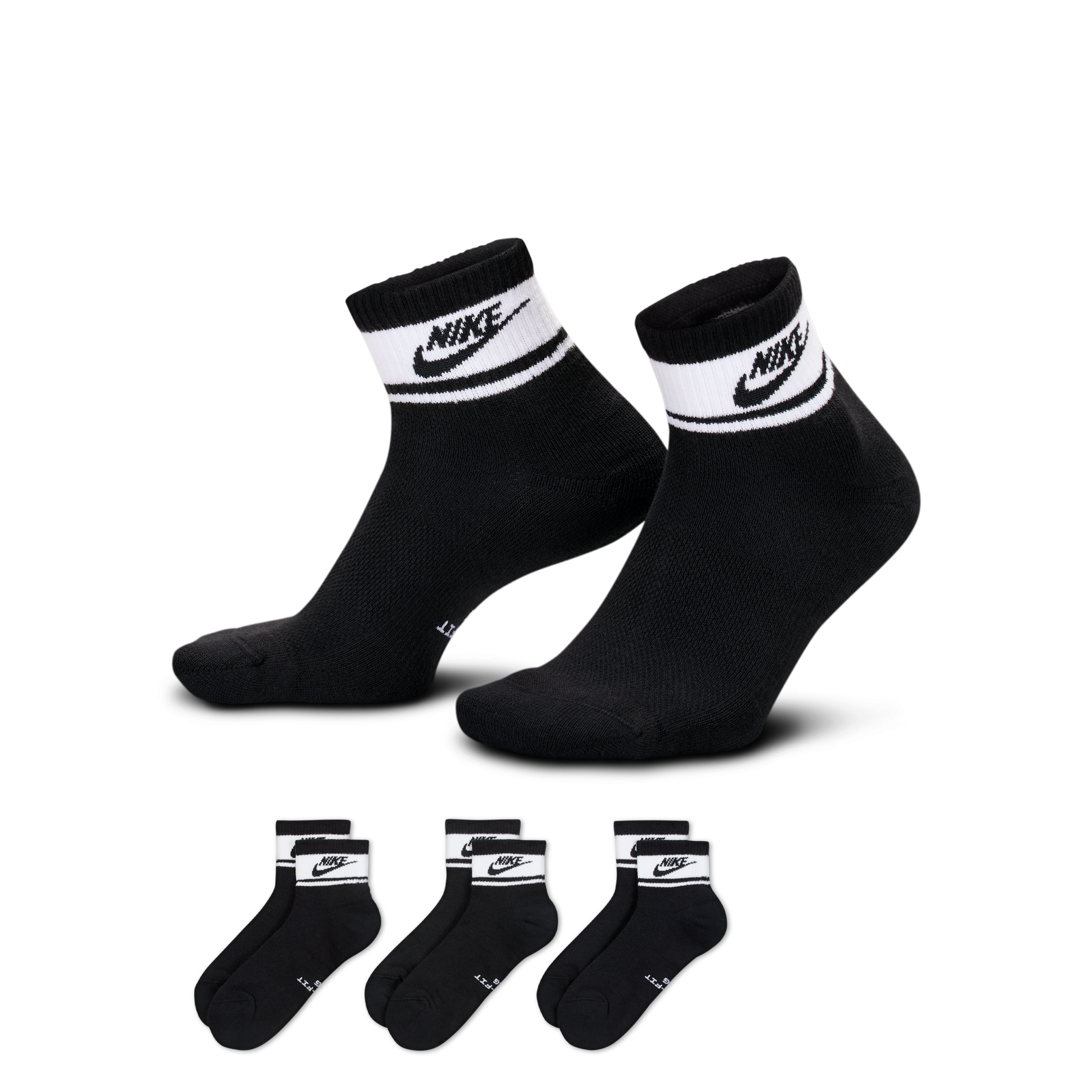 Nike Everyday Elevated Unisex Adult 3 Pair Quarter Ankle Socks, Large, Black