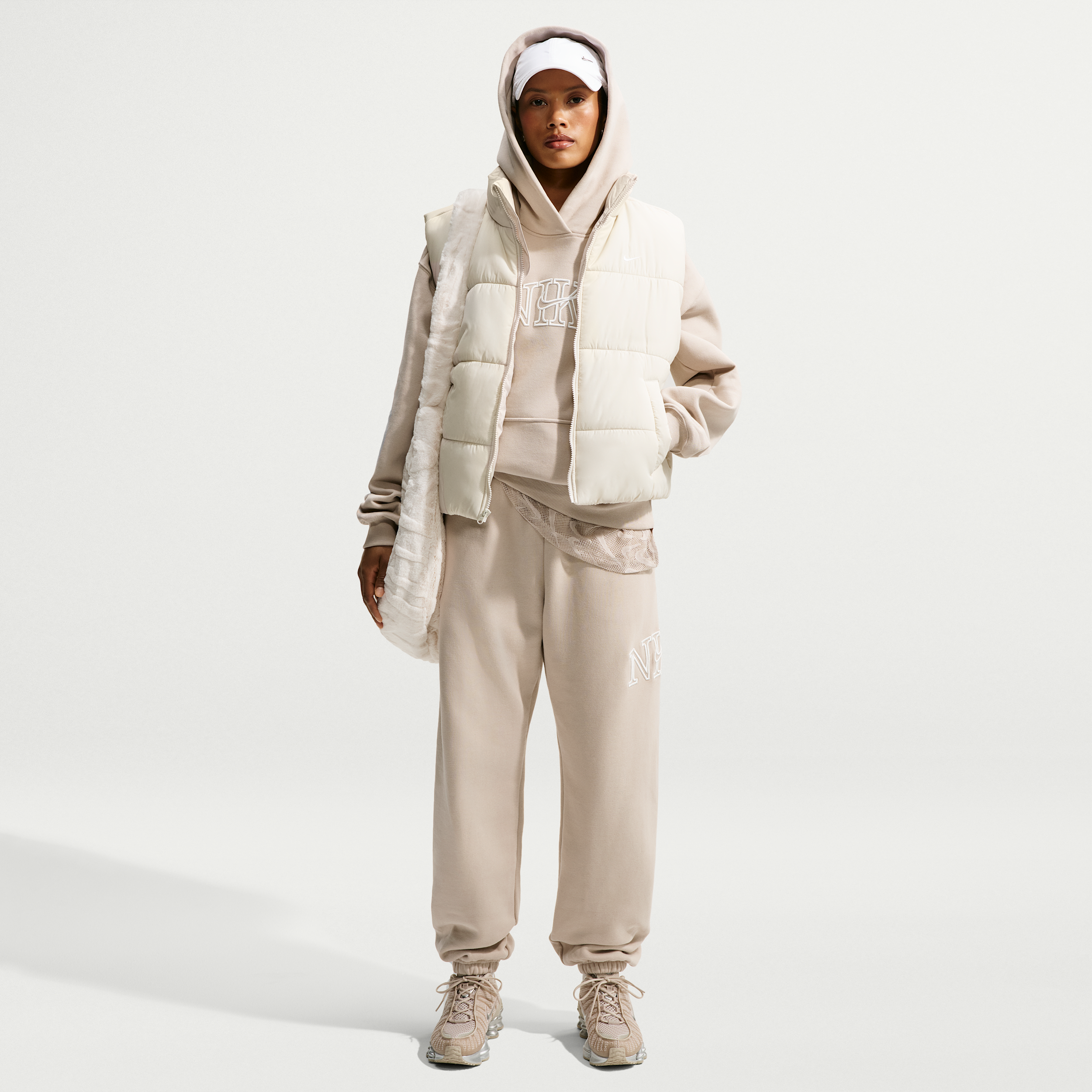 Nike Women's Studio Fleece Medium Weight "Graphic Pack" Oversized Cuffed Logo Pants in Brown | IM9833-236