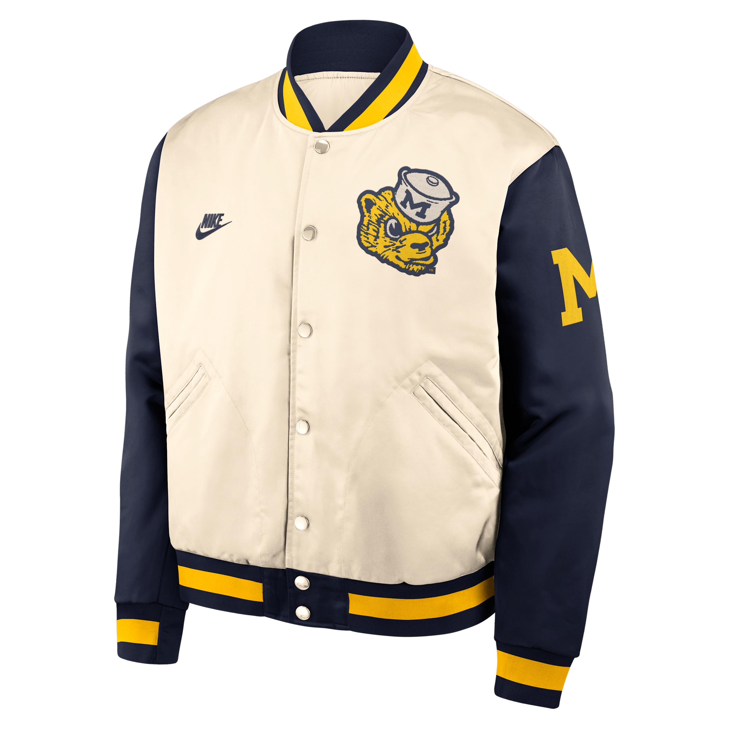 Nike Men's Natural/Navy Michigan Wolverines Legacy Full-Snap Bomber Jacket - Natural, Navy