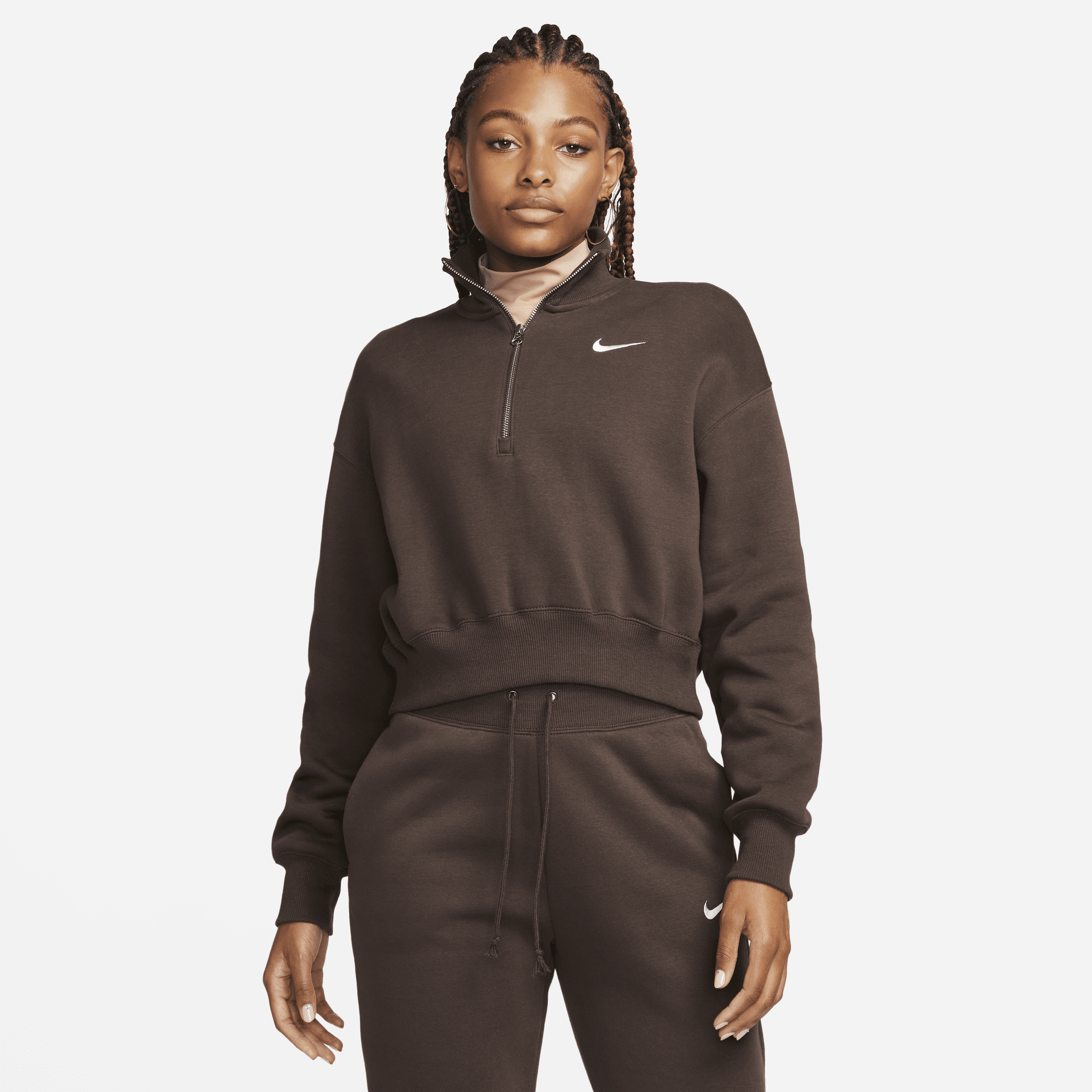 Shop Nike Women's  Sportswear Phoenix Fleece 1/2-zip Cropped Sweatshirt In Brown