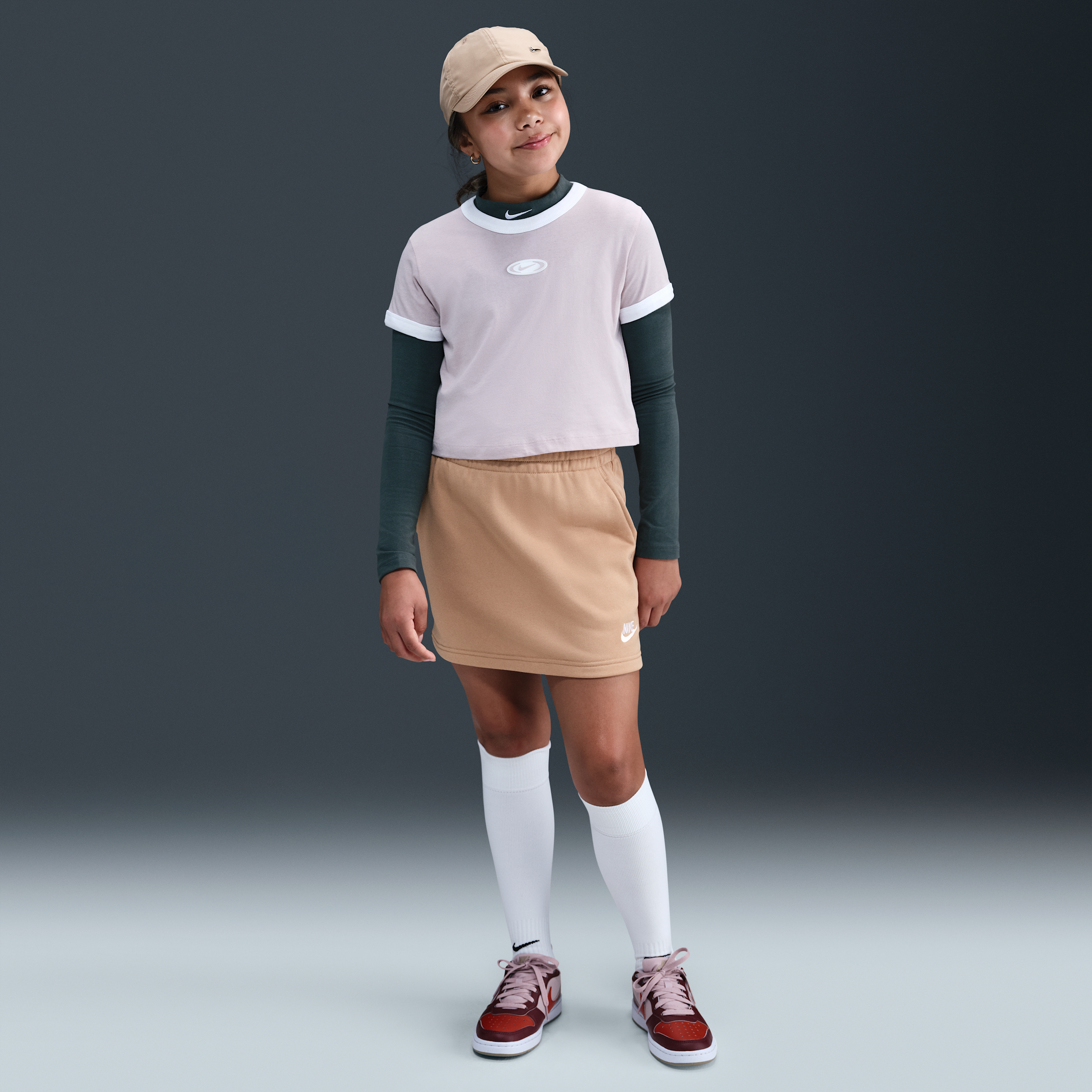 Nike Sportswear Club Big Kids' (Girls') French Terry Skirt in Brown | HQ9432-200