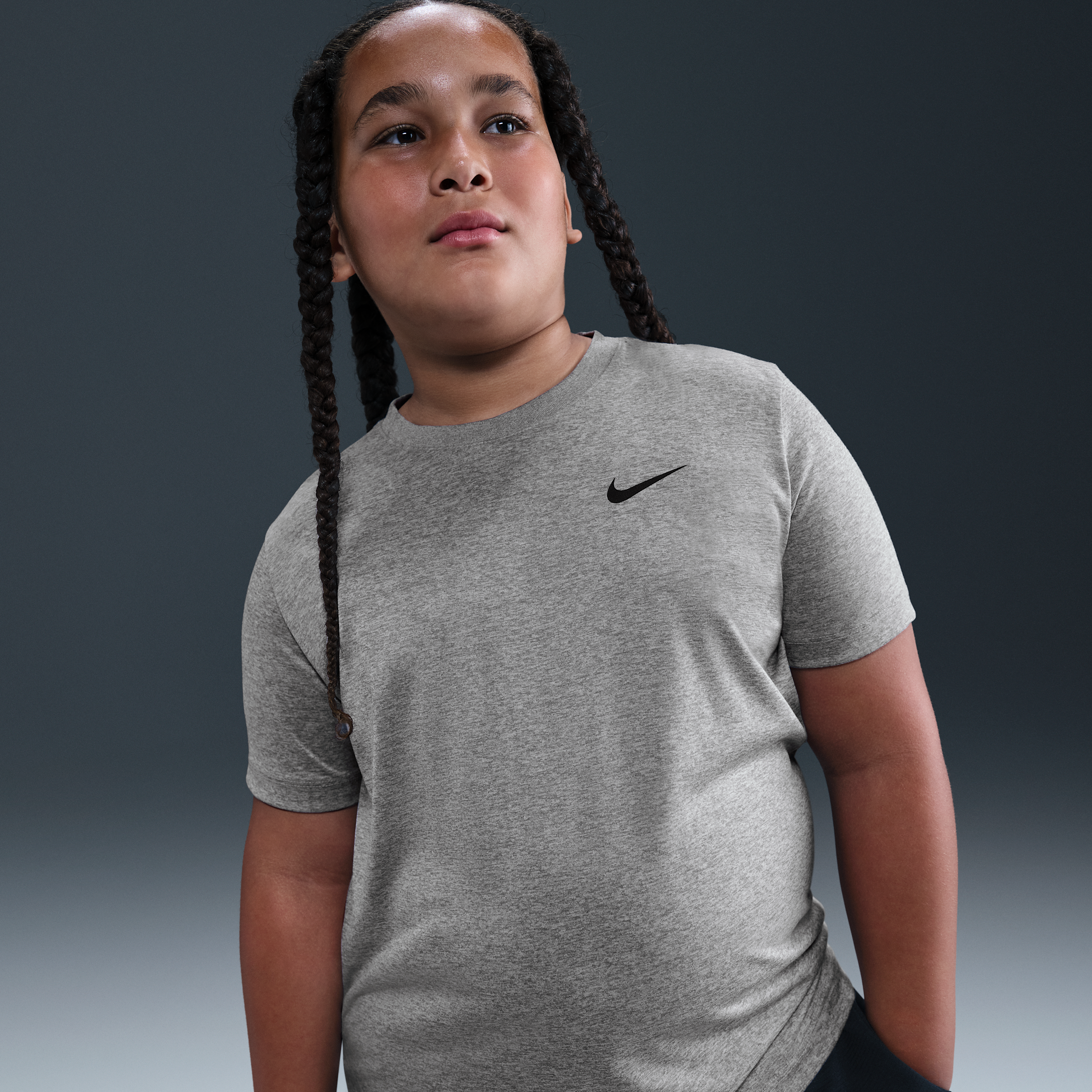 Nike Dri-Fit Swoosh Big Kid Unisex Crew Neck Short Sleeve Active T-Shirt, Medium Husky, Gray