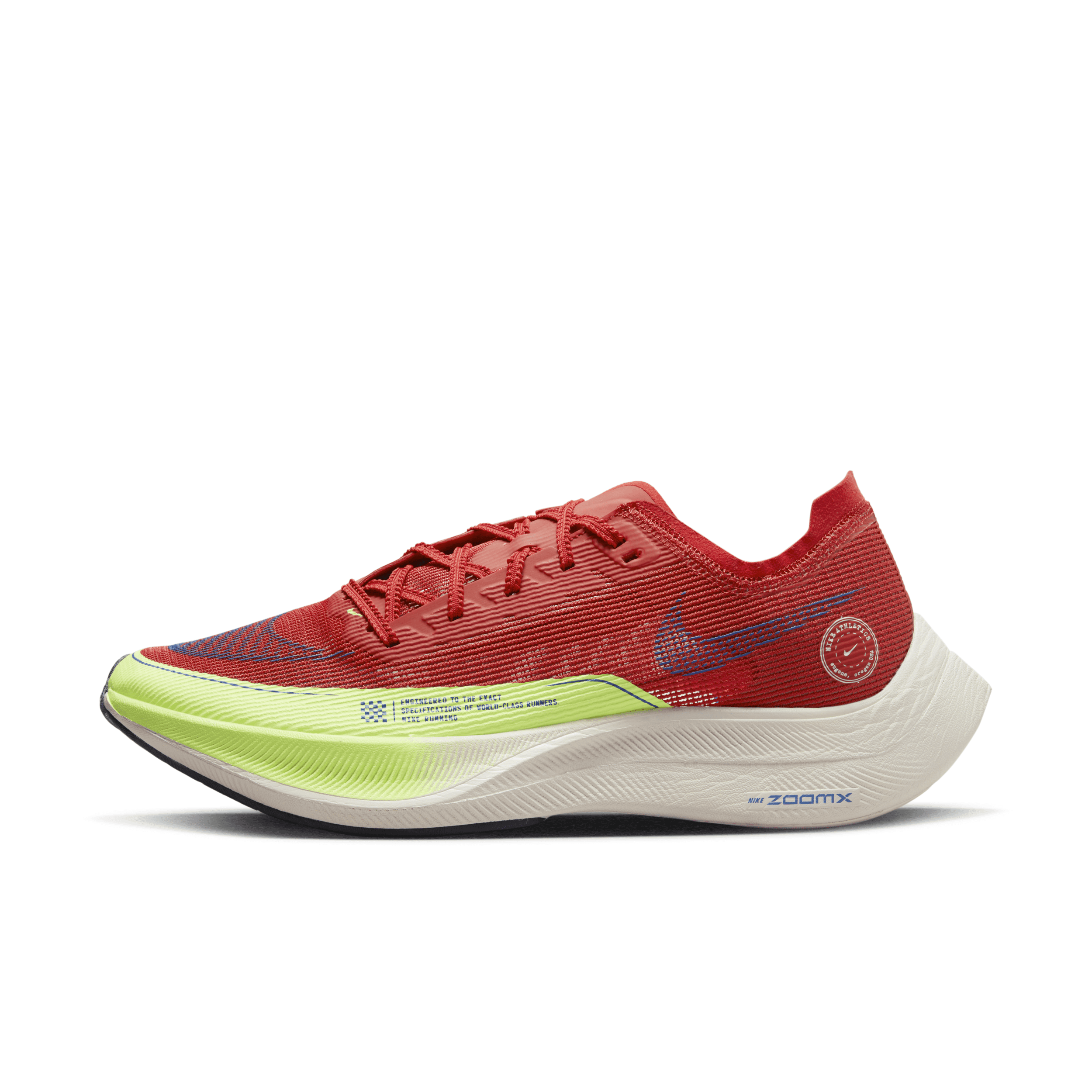 Continue the next evolution of speed with racing shoes made to help you chase new goals and records. The Nike Vaporfly 2 builds on a model loved by racers everywhere, with a redesigned upper that aims to improve comfort and breathability. From a 10K to a marathon, this updated model maintains the responsive cushioning and secure support of the original to help push you towards your personal best. Still the Best Energy Return Yet::Nike ZoomX foam delivers Nike Running's greatest energy return yet. A full-length carbon-fibre plate creates a responsive feel that helps keep you moving through your stride.,Soft & Ultra-Breathable::Redesigned upper features mesh fabric in areas where you need breathability for a softer, cooler design that contours to your foot.,Lace Up::Laces loop through lightweight side supports that eliminate the need for an arch band. This helps reduce the shoe's weight. More Reinforcement along the forefoot provides extra durability and secure comfort.Internal foam pod at the heel gives you extra cushioning.Light padding on the tongue helps reduce lace pressure at the top of your foot.Wider toe area helps give a roomier fit.Flexibility grooves on the sole give you multi-surface traction in a variety of weather conditions.