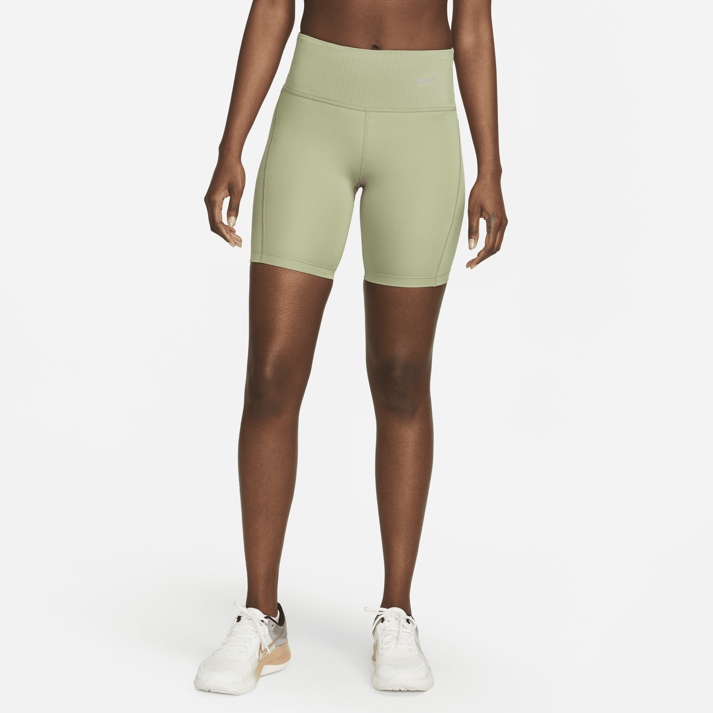 Shop Nike Women's Tight Mid-rise Ribbed-panel Running Shorts With Pockets In Green
