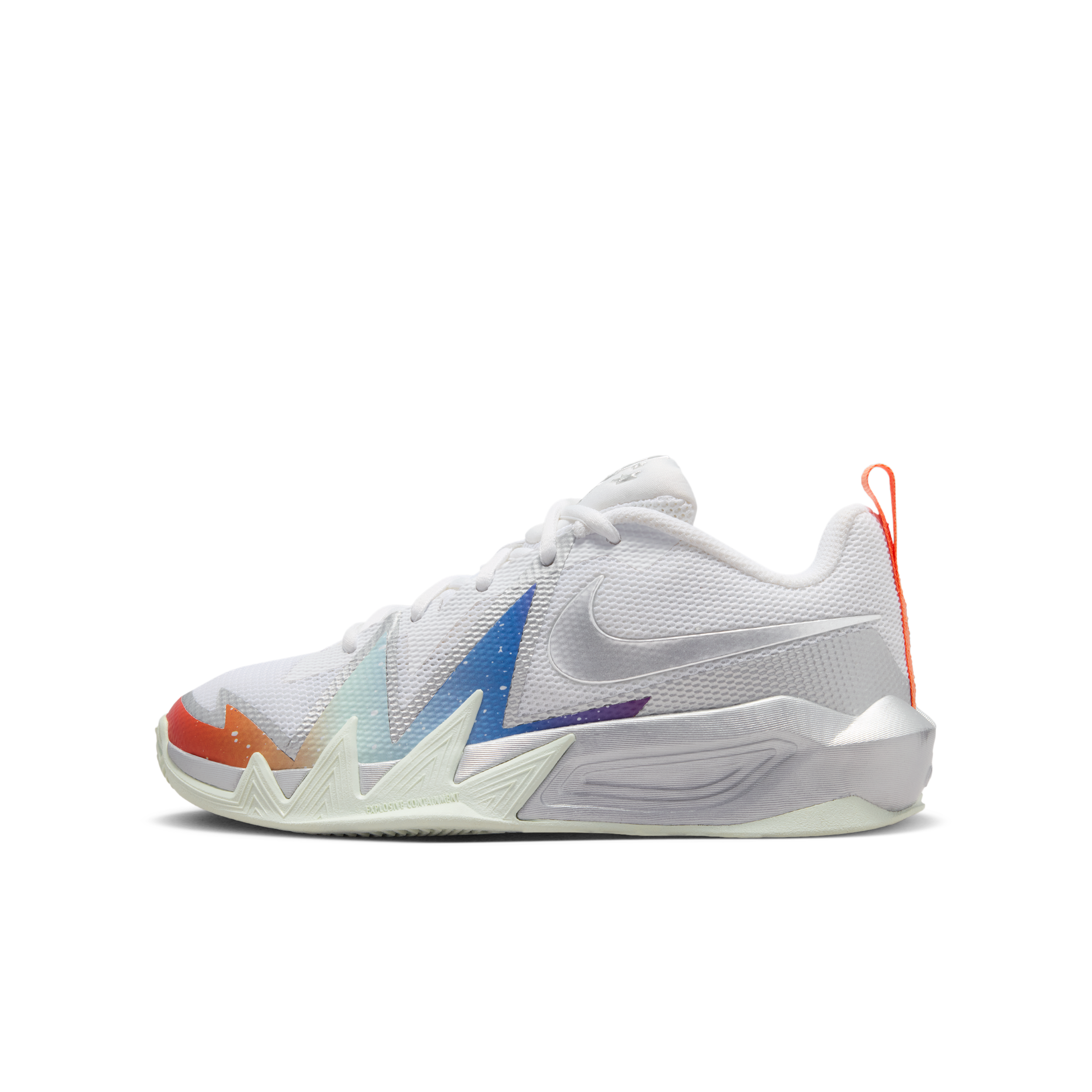 Nike Kids' Grade School S.T. Dynamite Shoes, Size 4, White/Mtlc Silver/Orange/Green/Blue