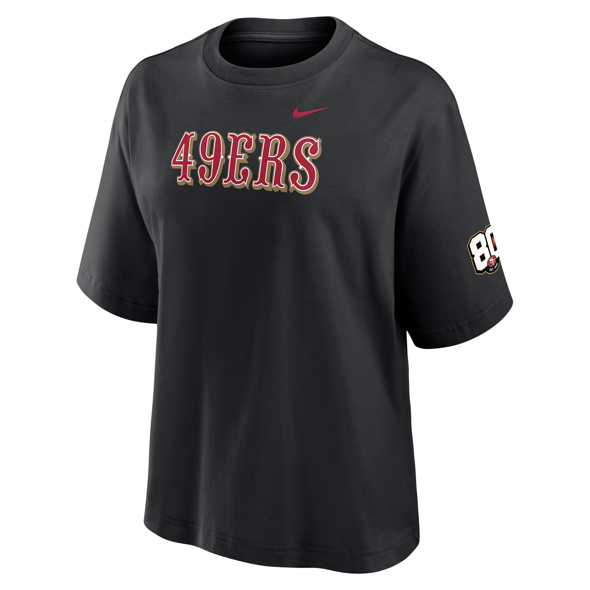 San Francisco 49ers 80th Anniversary Boxy Nike Women's NFL T-Shirt in Black | 01CM00A9B-WKR
