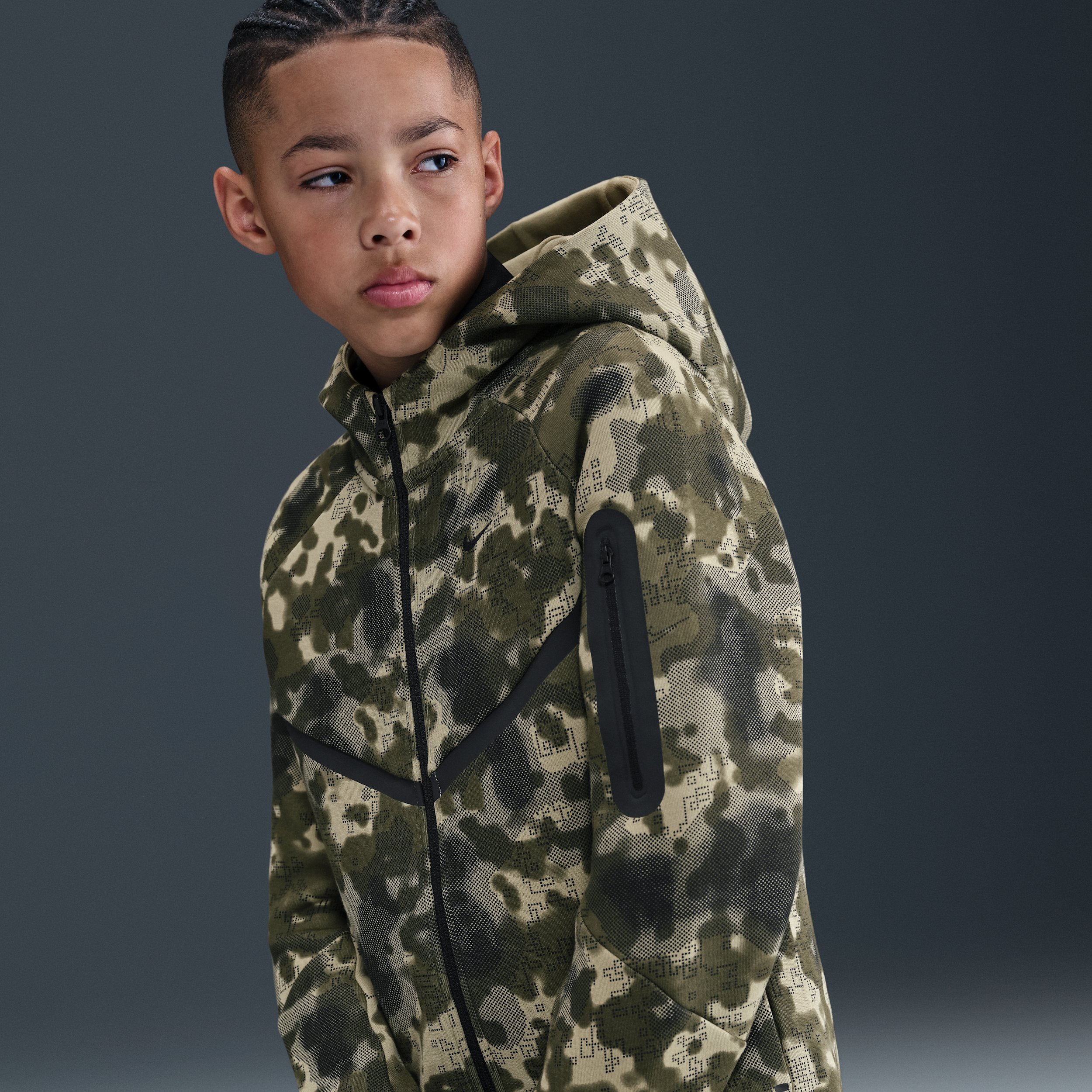 Nike Tech Big Kids' (Boys') Full-Zip Camo Fleece Hoodie in Brown | HQ8891-276