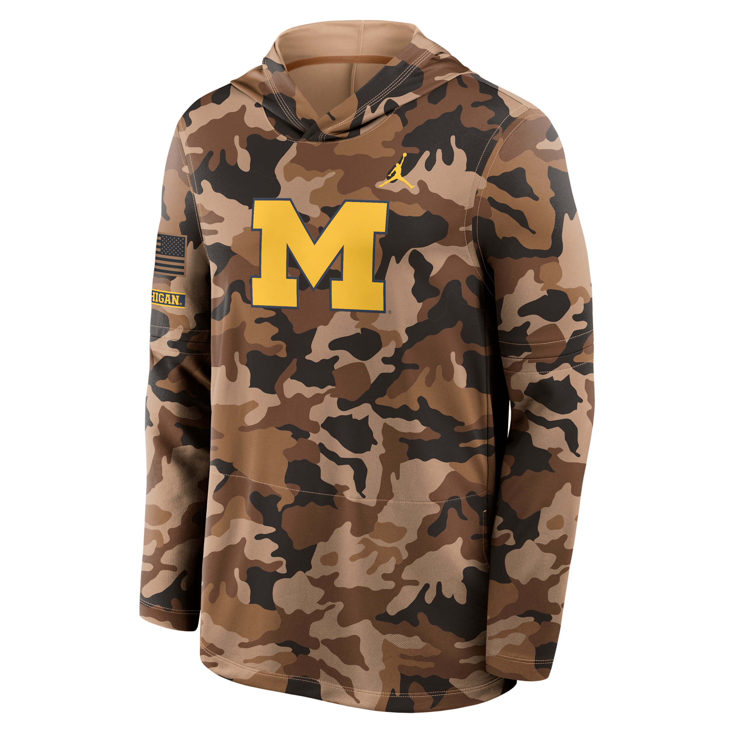 Men's Michigan Military Appreciation Jordan Brand Dri-FIT College Long-Sleeve Hooded Top in Brown | 0JB92EAMWN-954