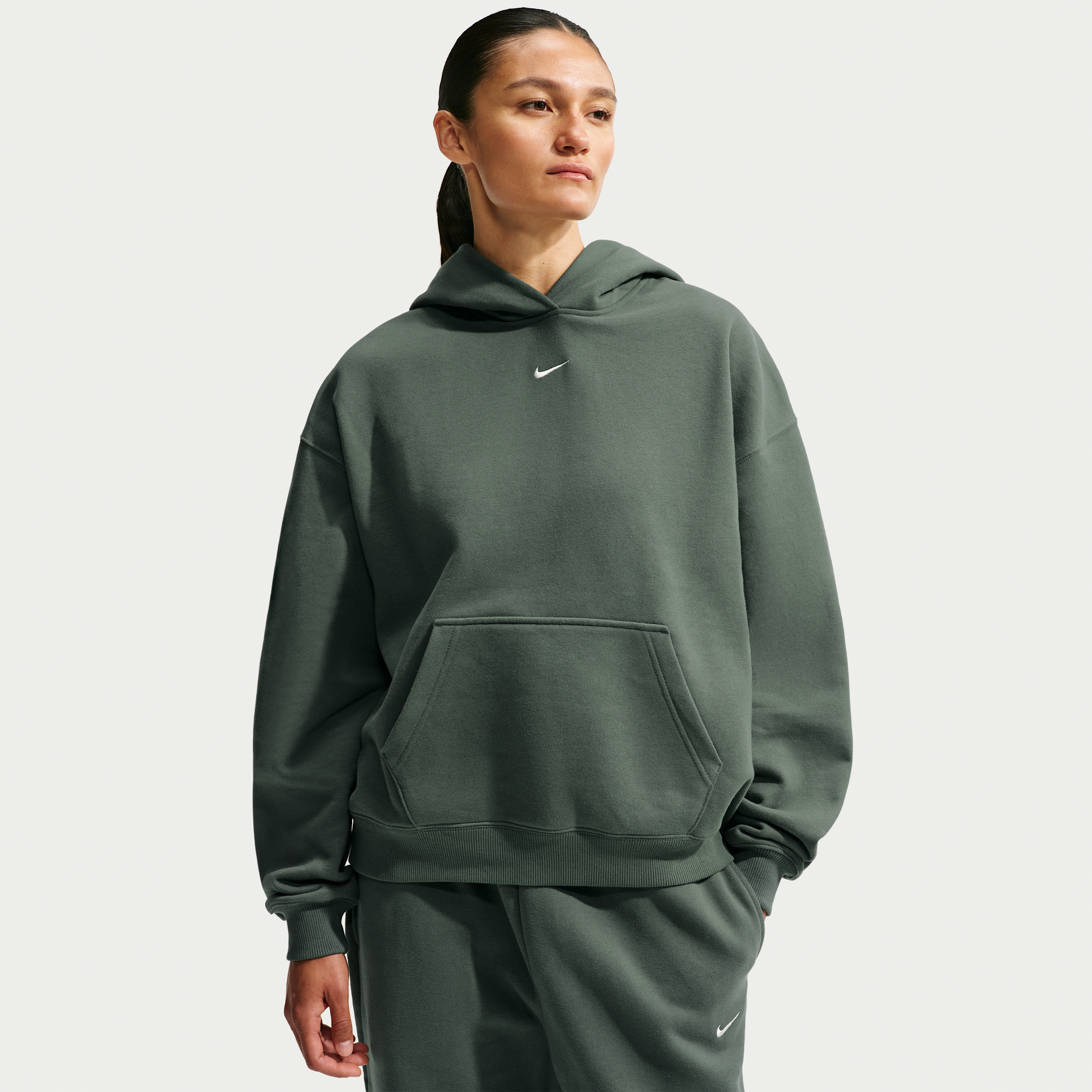 Nike Women's Studio Fleece Medium-Weight Oversized Pullover Hoodie in Camo Green/Sail Size: Large