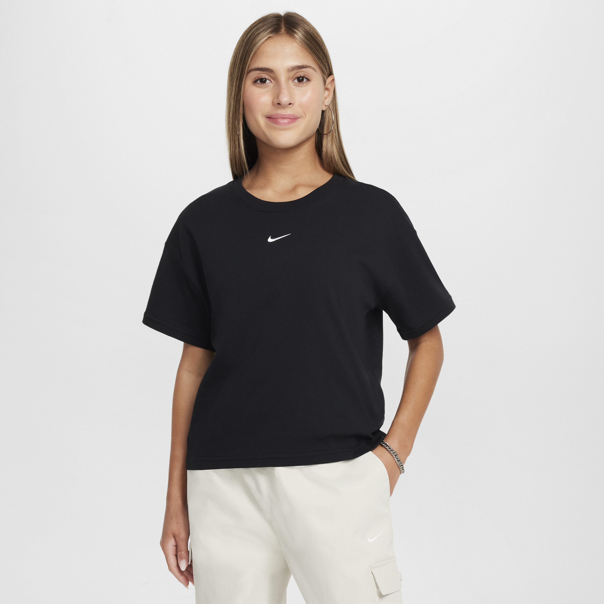 Nike Sportswear Kids' Essential Boxy Embroidered Swoosh T-shirt In Black