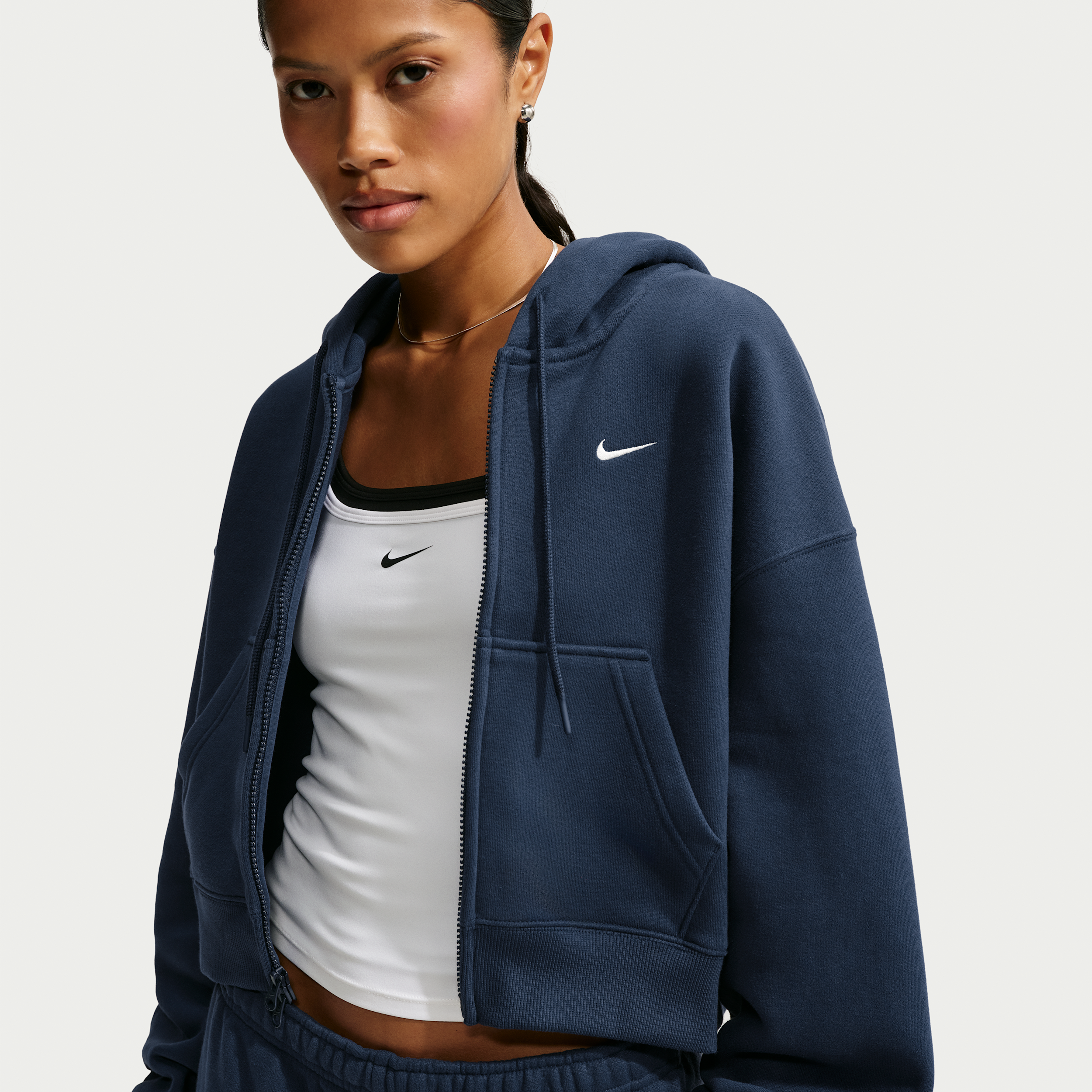 Nike Women's Studio Fleece Medium Weight Oversized Full-Zip Cropped Hoodie in Blue | IM8499-410