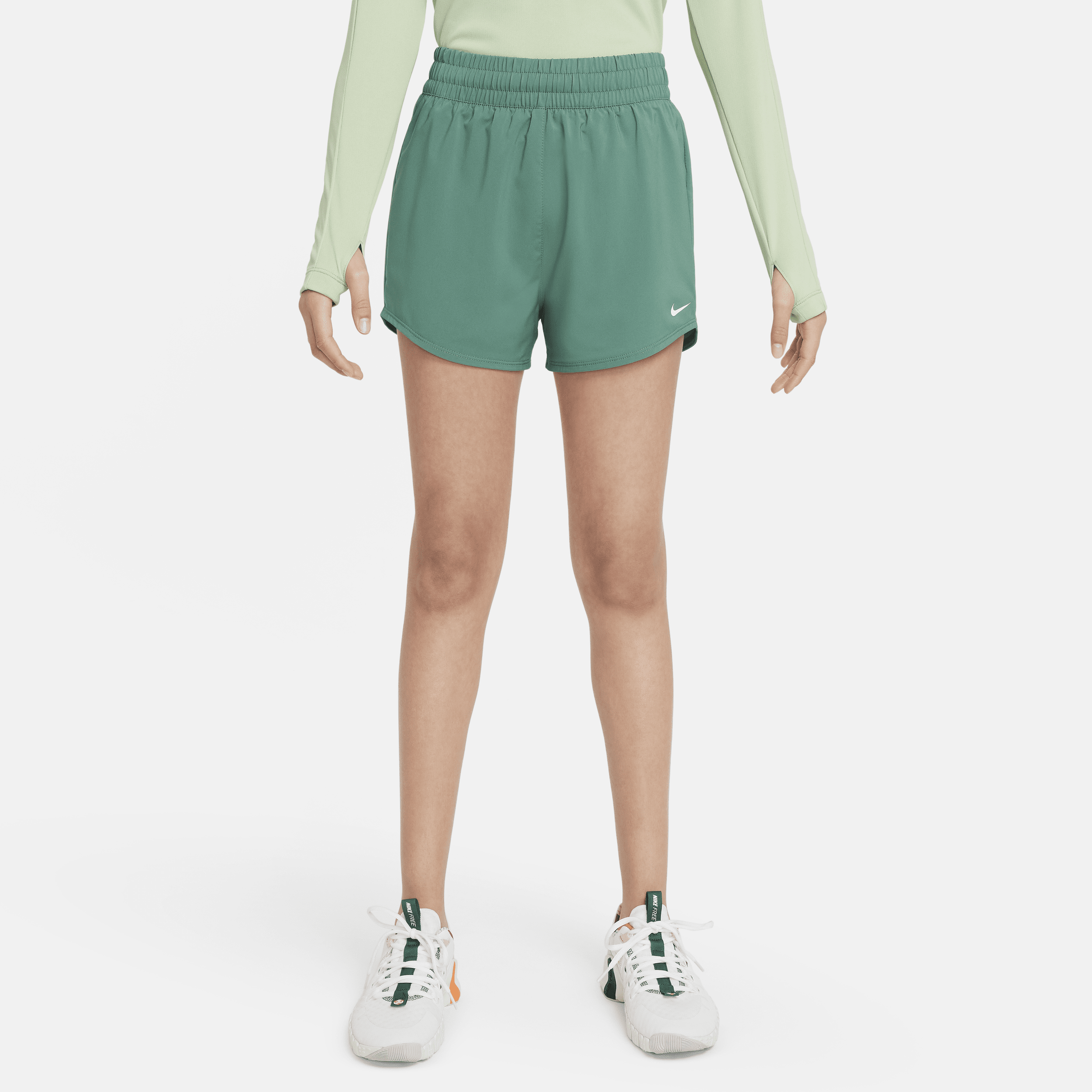 Shop Nike One Big Kids' (girls') Dri-fit High-waisted Woven Training Shorts In Green