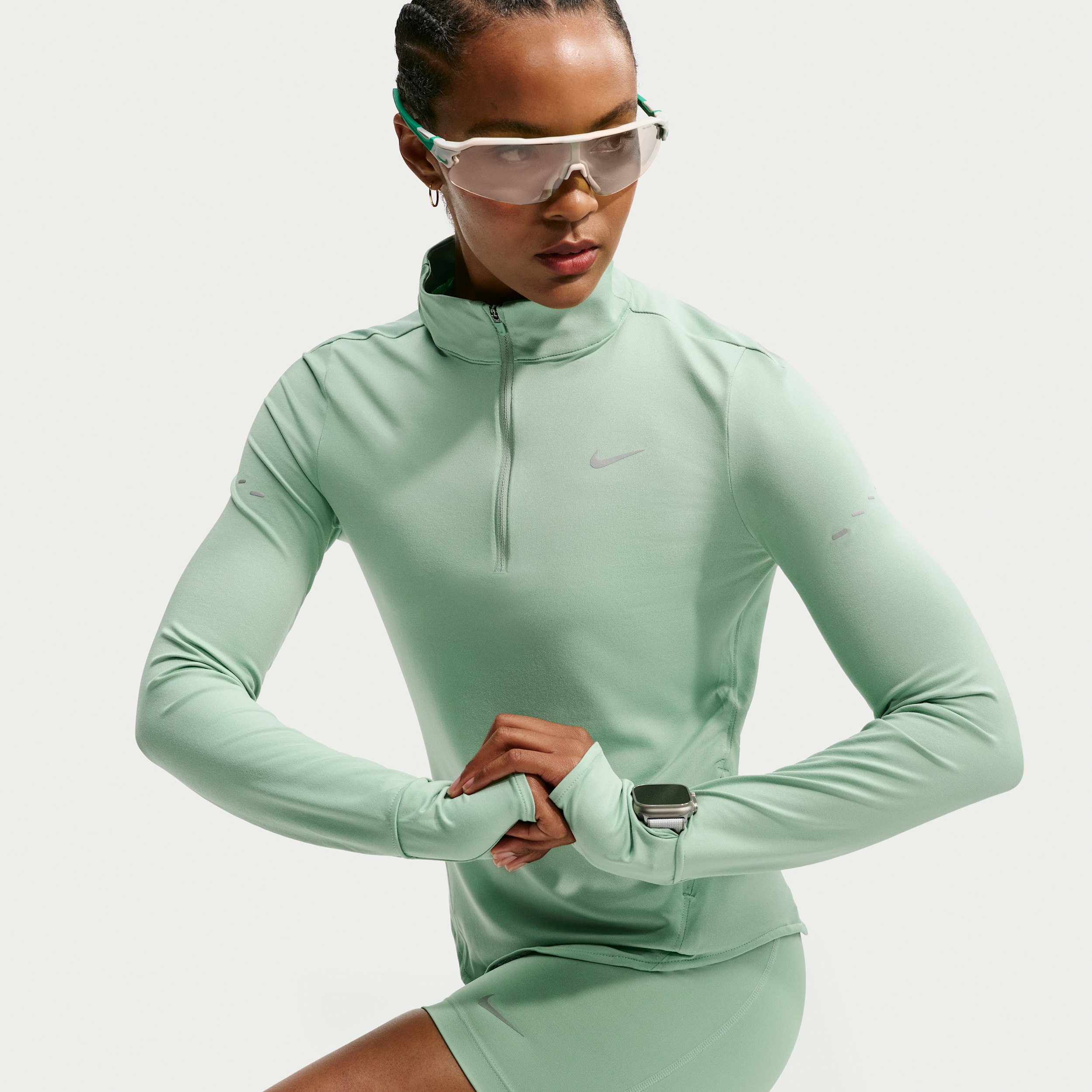 Nike Women's Swift Dri-FIT UV 1/4-Zip Running Top in Green | HQ0499-006