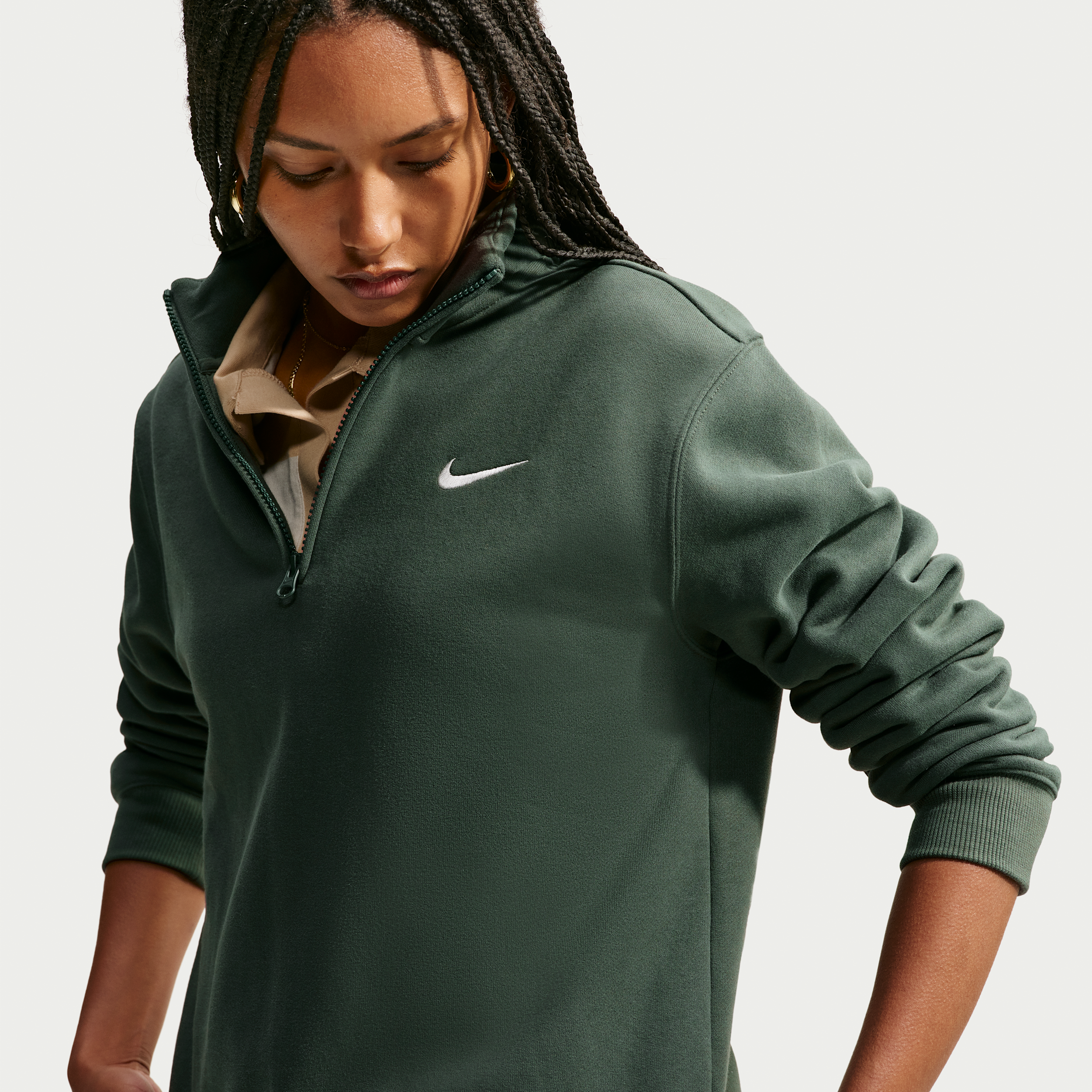 Nike Women's Studio Fleece Medium-Weight Quarter-Zip Jacket in Camo Green/Sail Size: XL