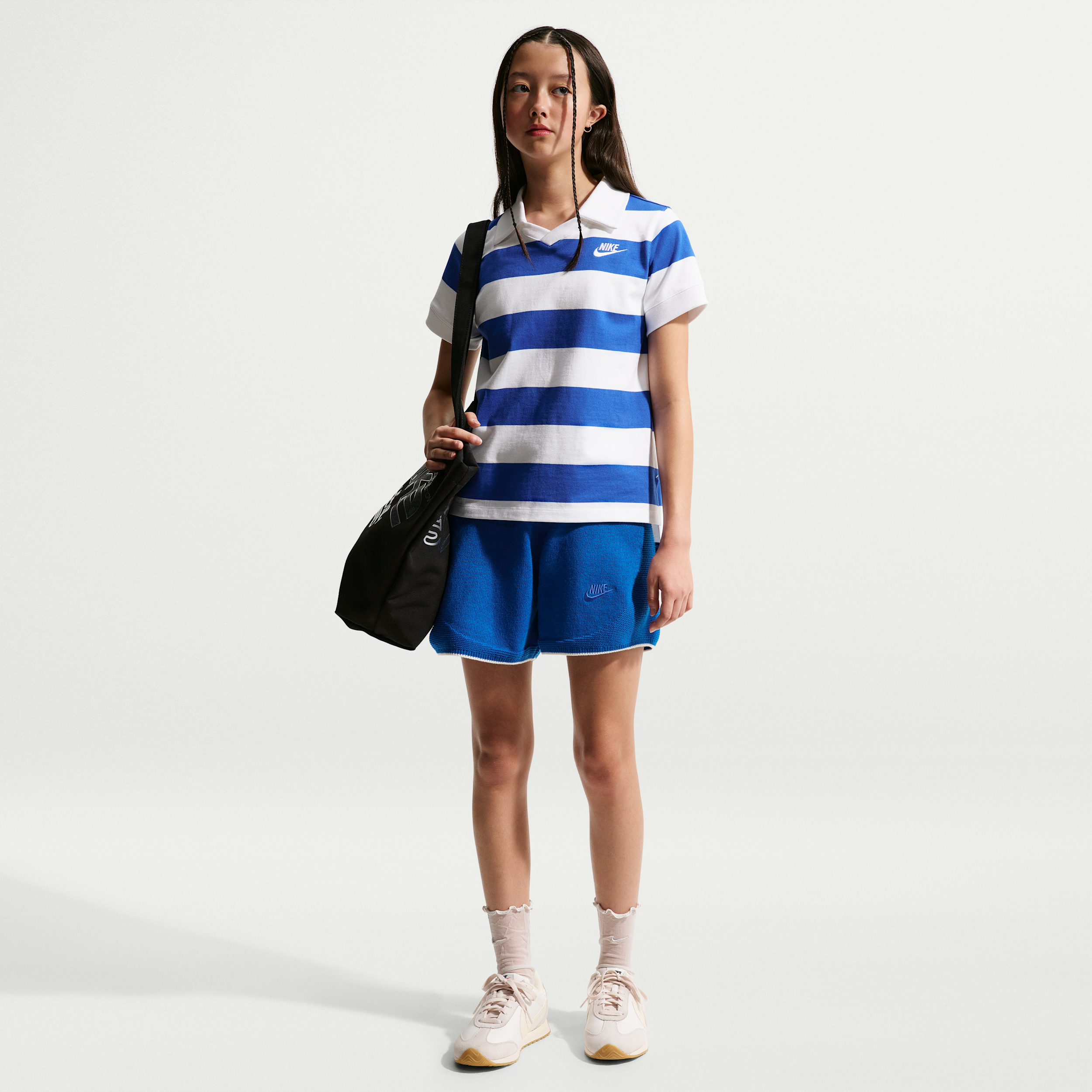 Nike Girls Big Kids Sportswear Sweater Track Shorts in Game Royal/White/Game Royal Size: Medium