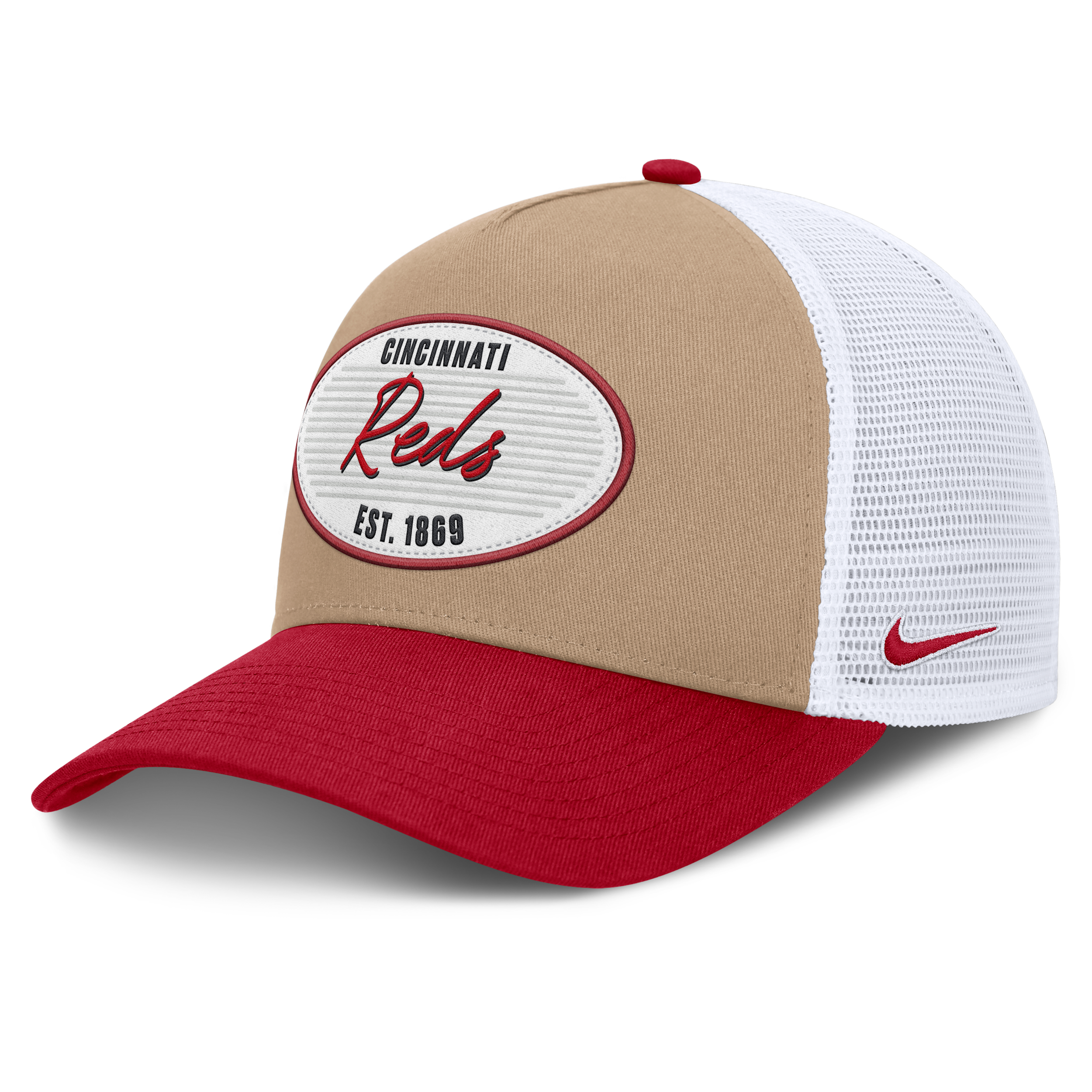 Cincinnati Reds Rise Nike Men's MLB A-Frame Trucker Adjustable Hat in Brown | NB1F0JOTRED-G3T