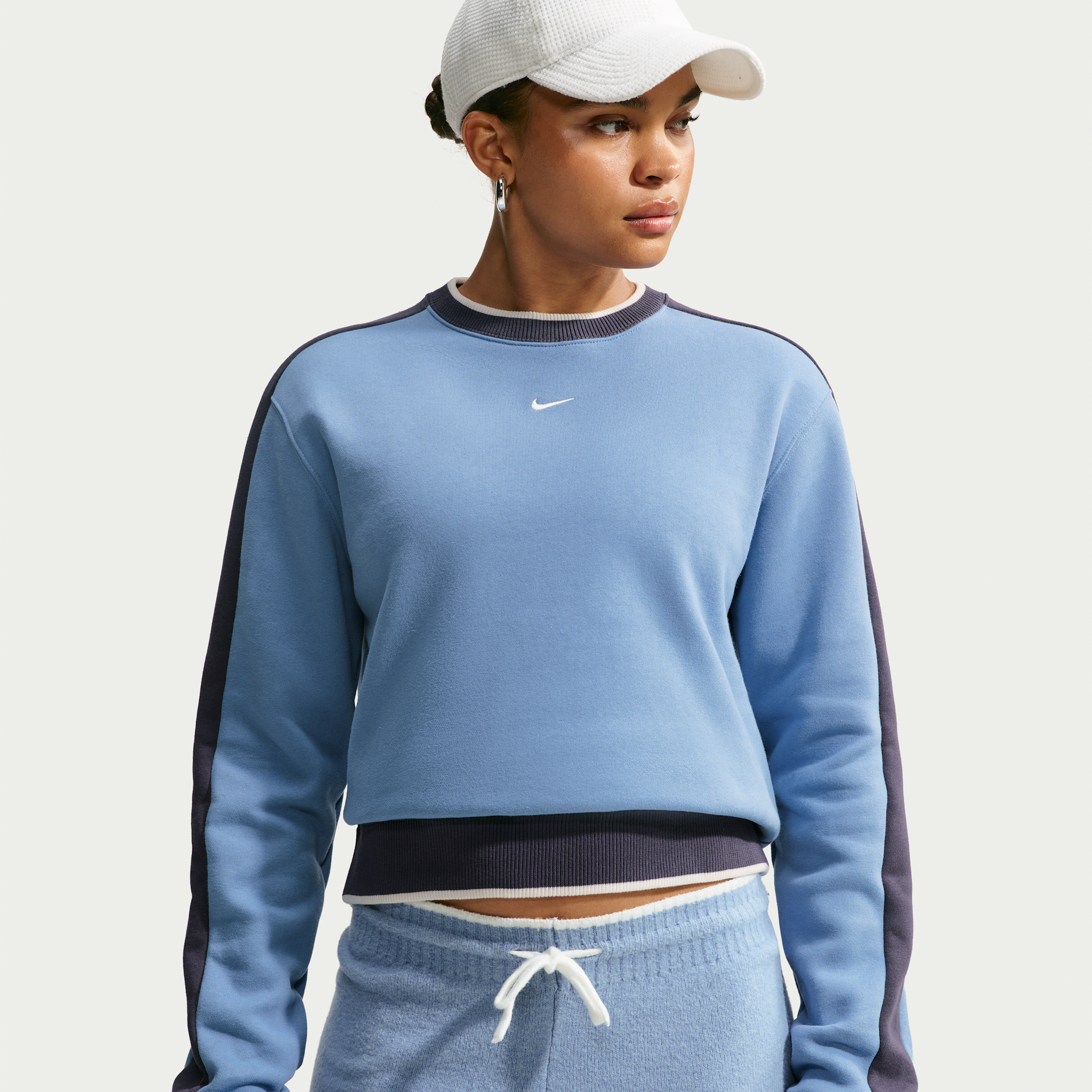 Nike Women's Studio Fleece Medium Weight Crewneck Sweatshirt in Work Blue/Gridiron/Sail Size: XL