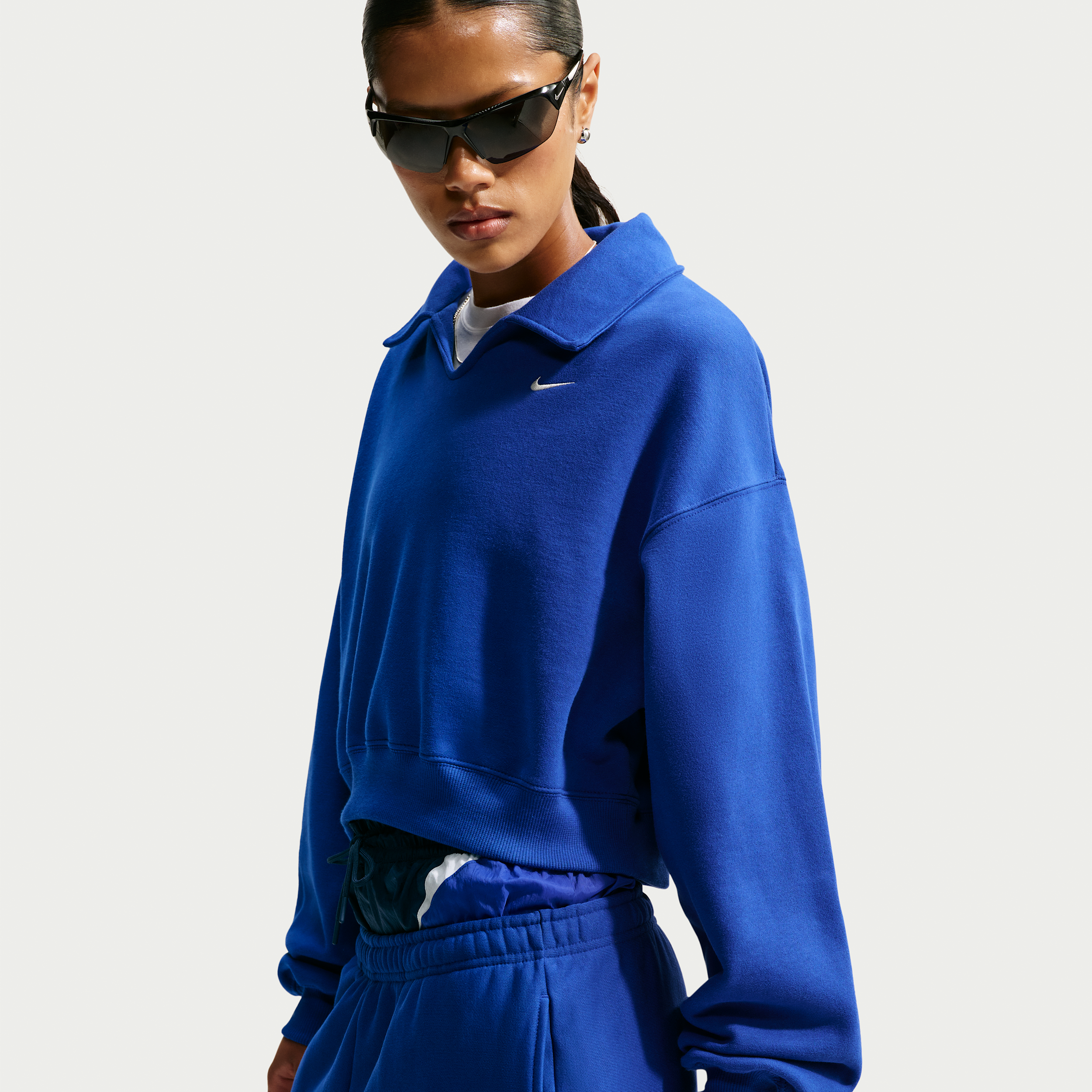 Nike Women's Studio Fleece Medium Weight Oversized Cropped Polo, Small, Old Royal/Sail