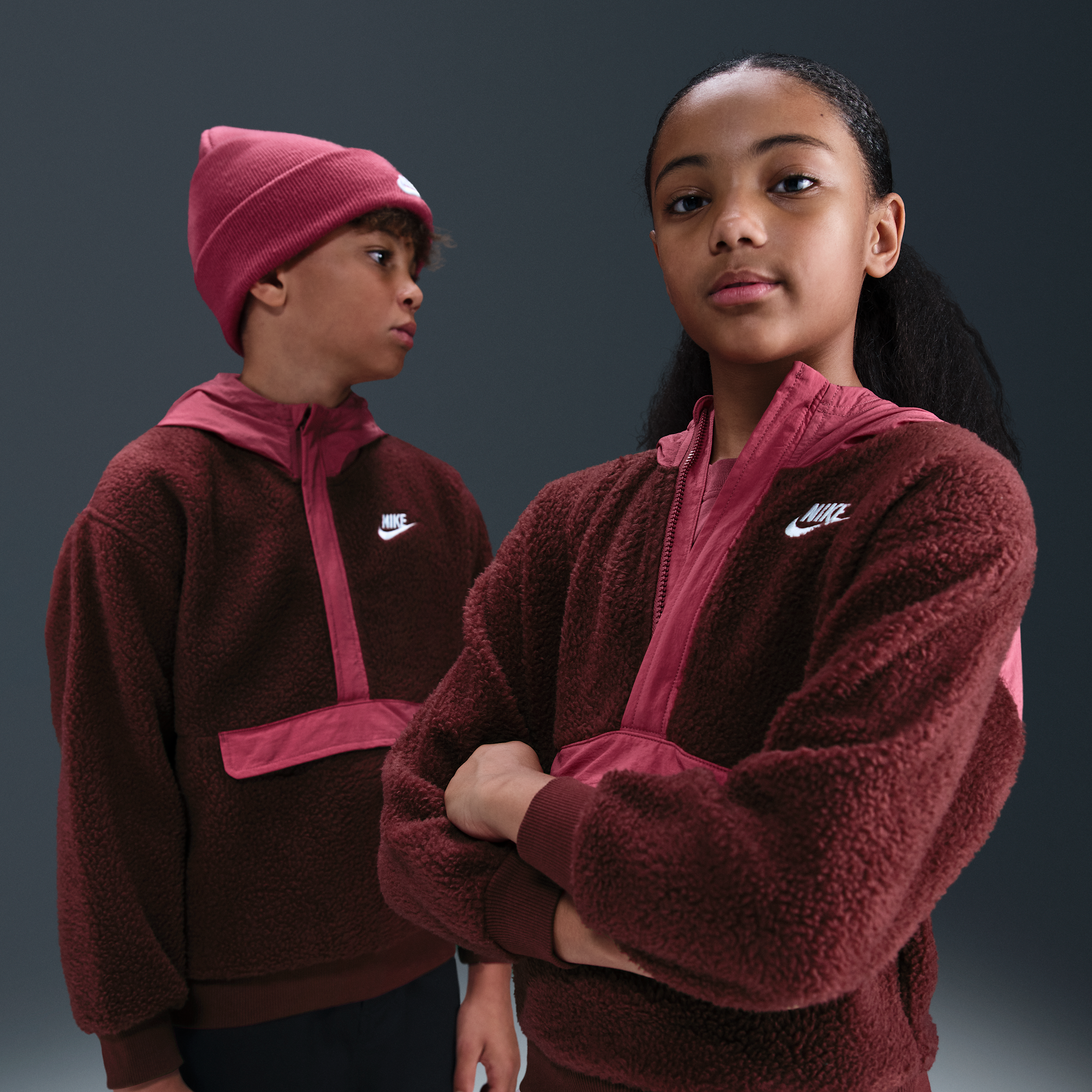 Nike Sportswear Club Fleece Big Kids' Loose 1/4-Zip Hoodie in Red | HV0383-619