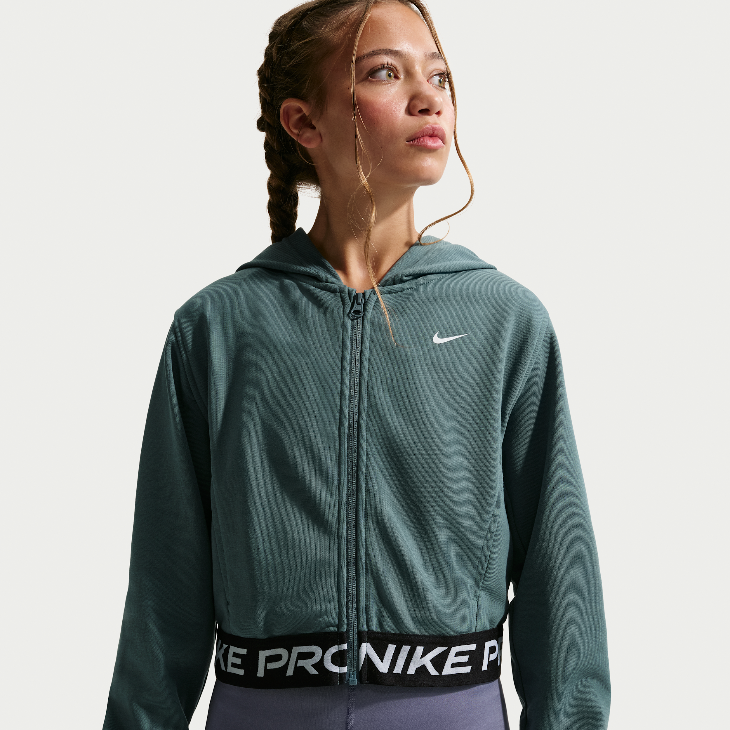 Nike Pro Fleece Big Kids' (Girls') Dri-FIT Full-Zip Hoodie in Grey | HQ9312-382