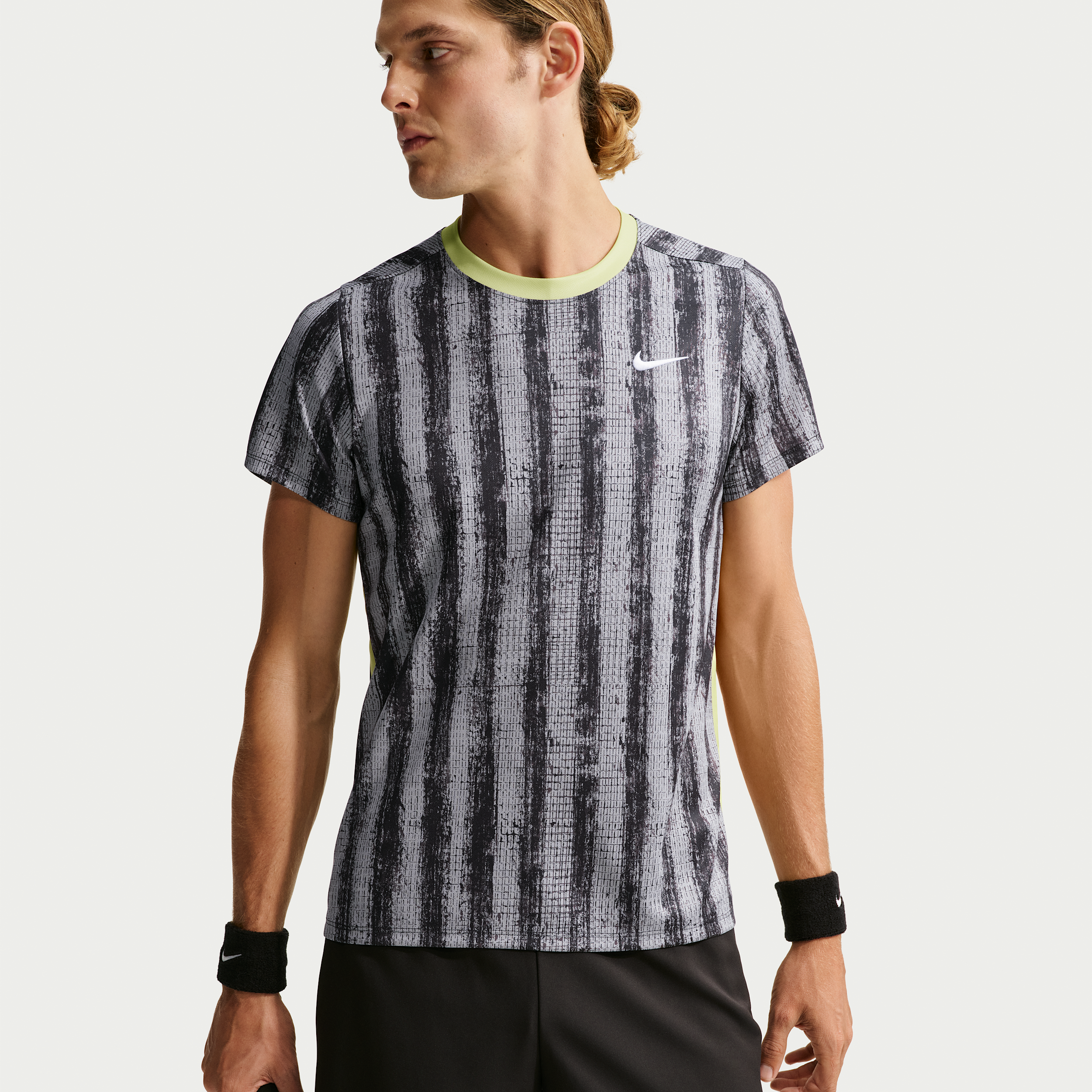 Nike Men's Court Victory Dri-Fit Printed Tennis Shirt, Small, Medium Ash/Lt Lemon Twist/White