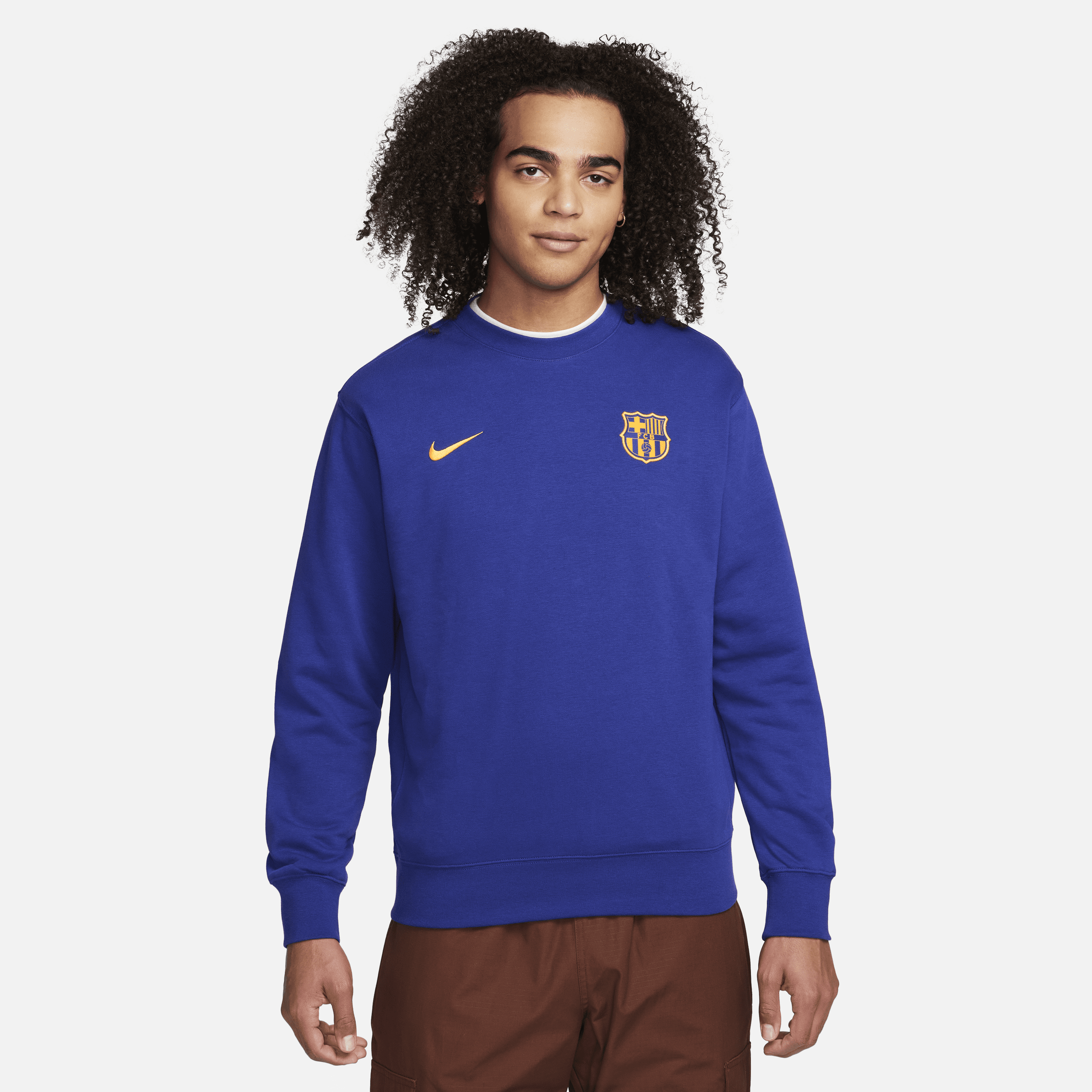 Shop Nike Fc Barcelona Club  Men's Soccer Crew-neck Sweatshirt In Blue