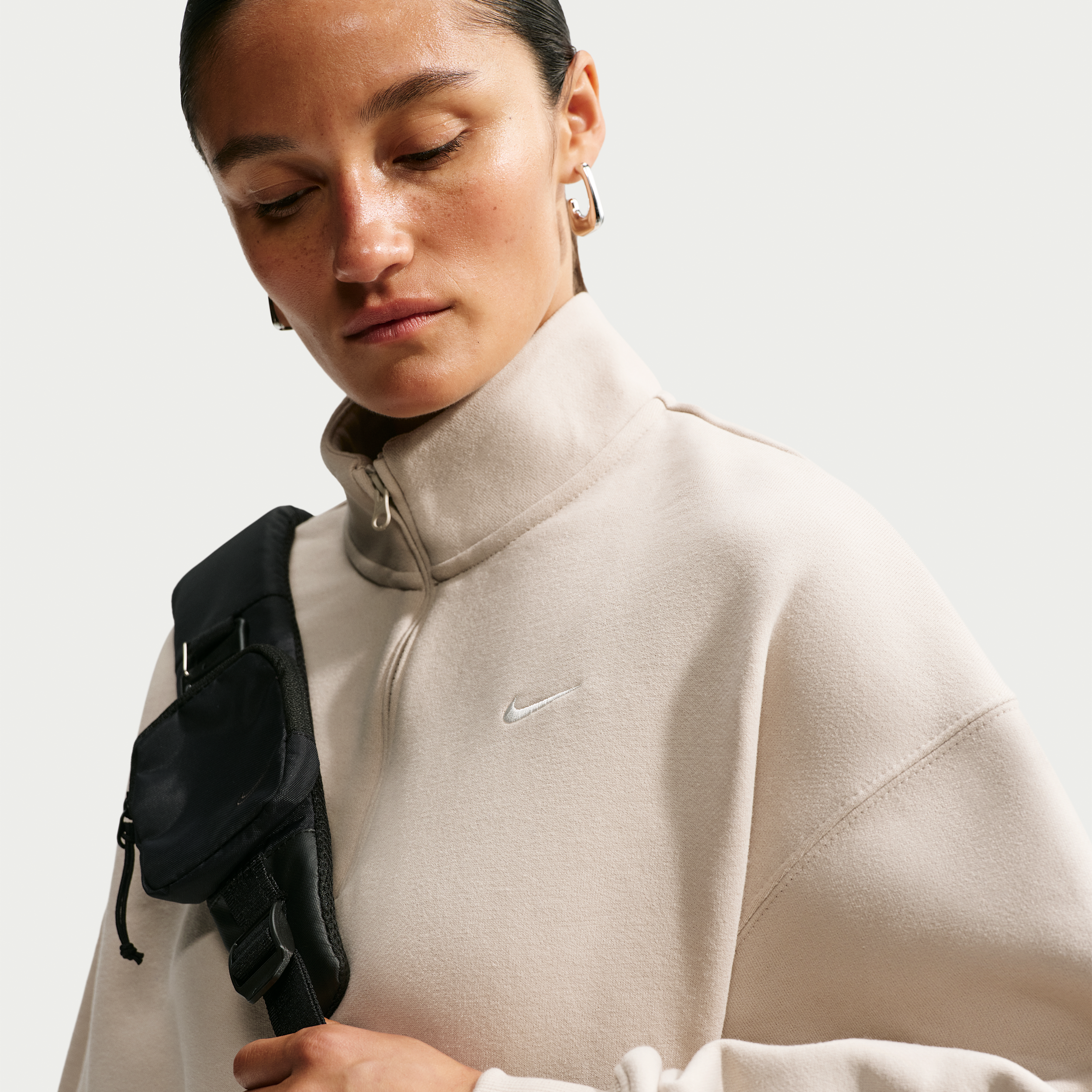 Nike Women's Studio Fleece Medium Weight Oversized 1/4-Zip Cropped Top in Brown | IM8501-236
