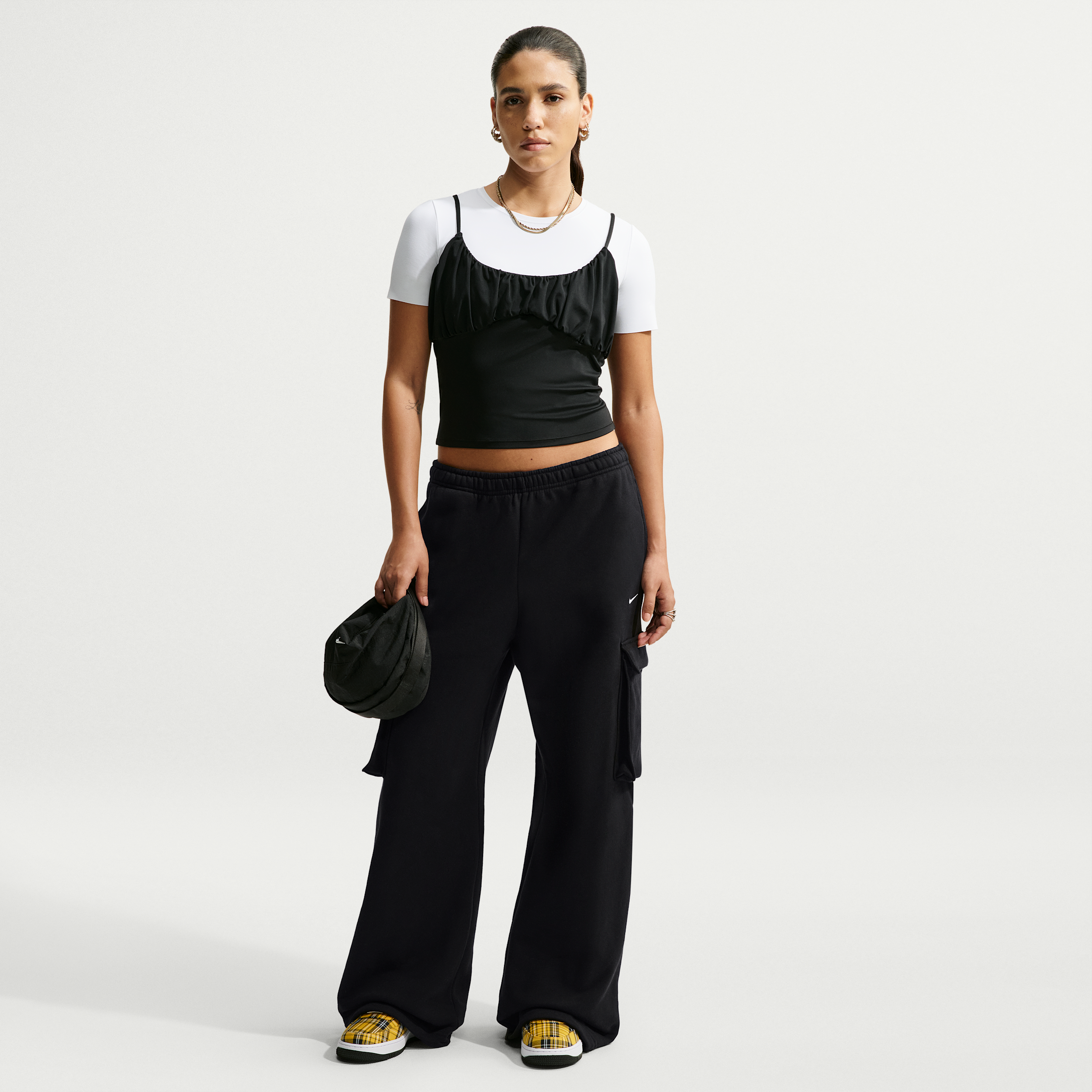 Nike Women's Studio Fleece Medium Weight Oversized High-Rise Cargo Pants, Total Black/Sail