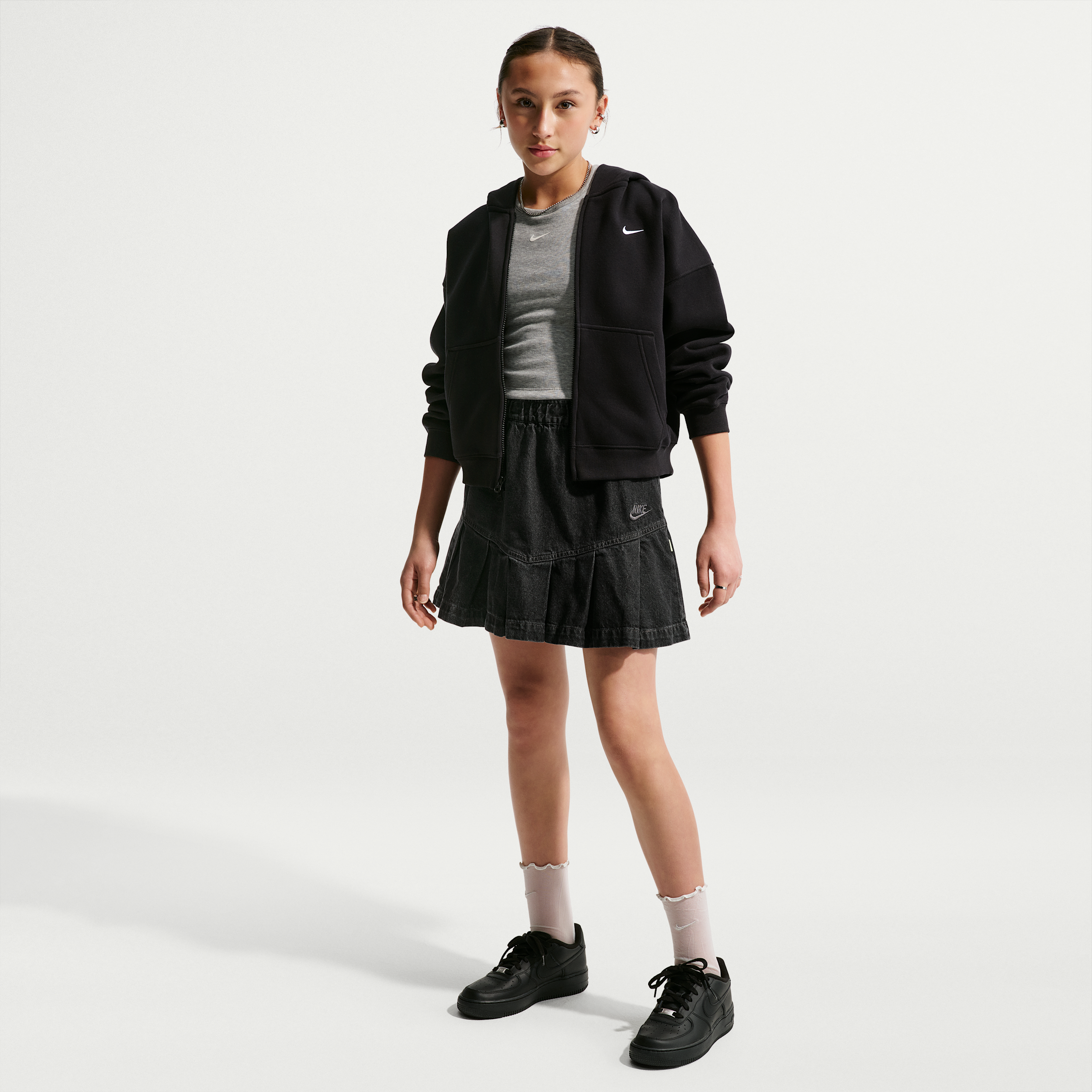 Nike Sportswear Big Kids' (Girls') Denim Pleated Skirt in Black | IQ8272-010