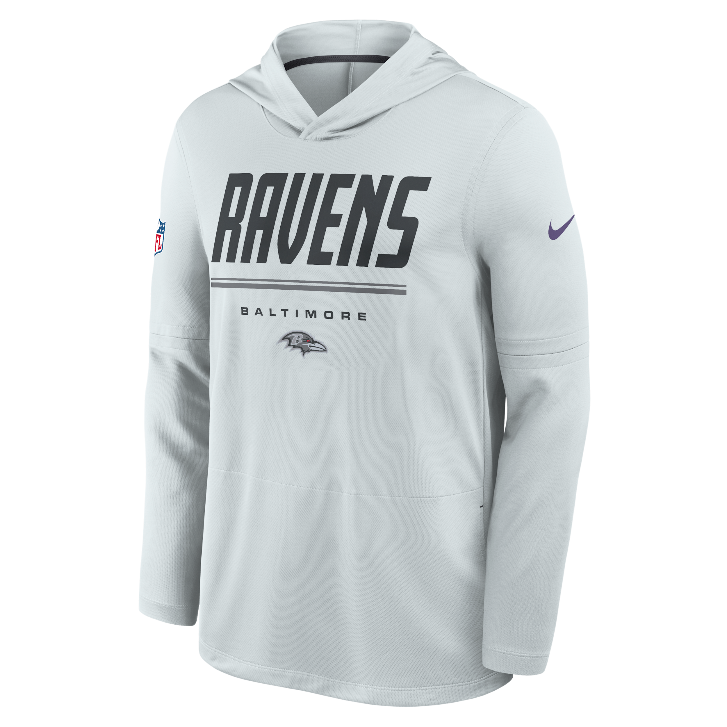 Nike Men's Platinum Baltimore Ravens Sideline Lightweight Long Sleeve Hooded Dri-fit T-Shirt - Platinum, Charcoal