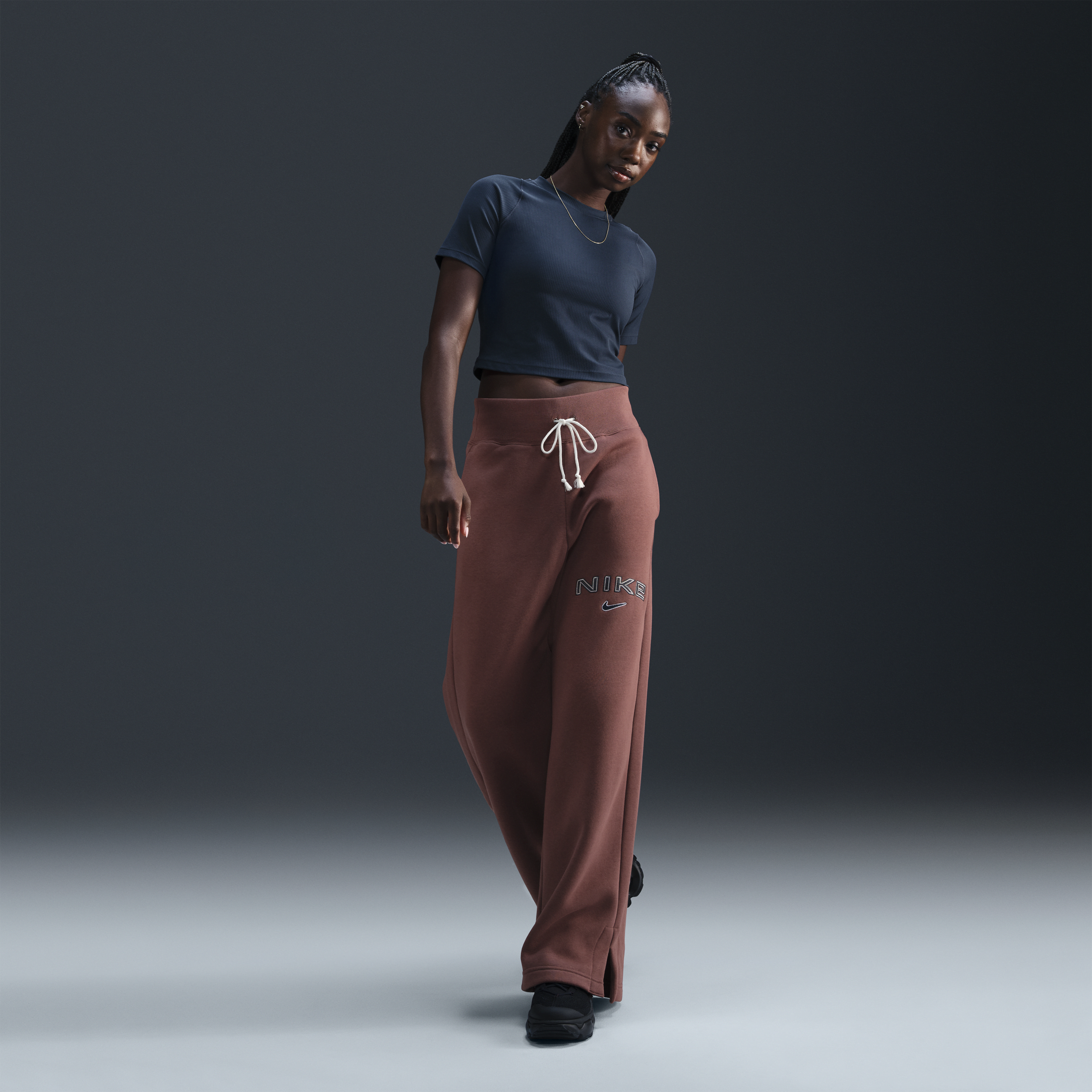 Nike Women's Sportswear Phoenix Fleece High-waisted Wide-leg Logo Pants In Brown