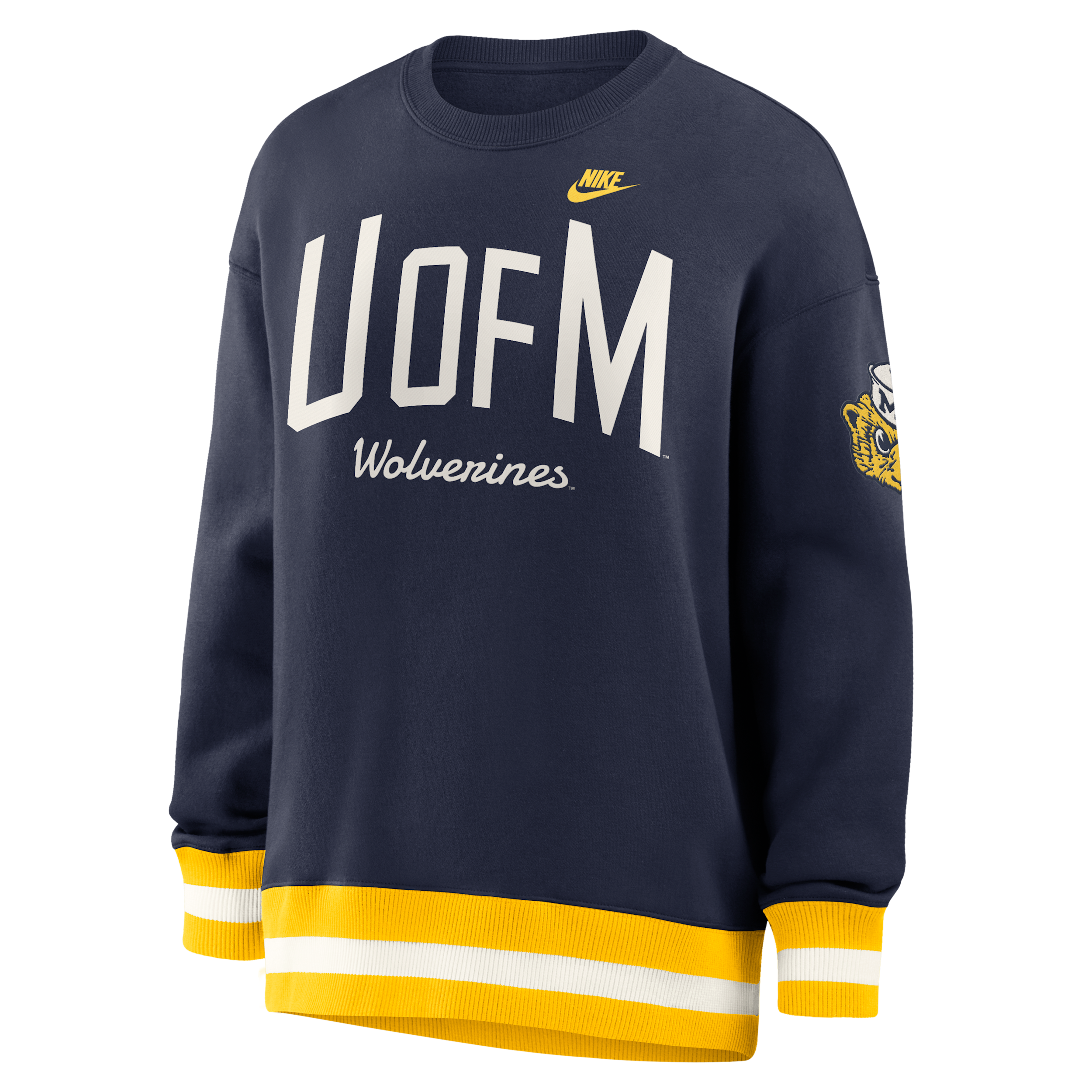 Nike Women's Navy Michigan Wolverines Oversized Legacy Arch Phoenix Sweatshirt - Navy, Maize