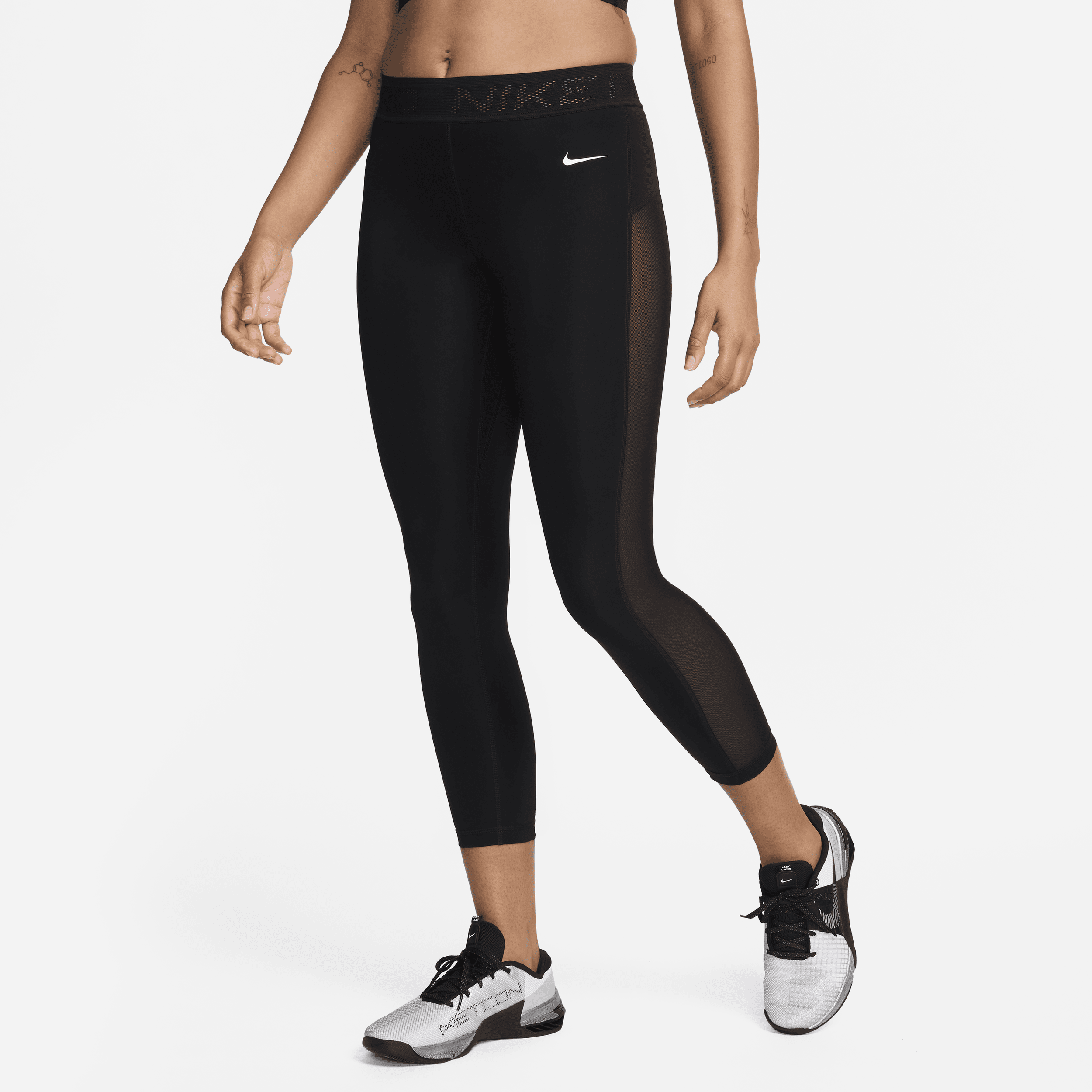 Shop Nike Women's  Pro Mid-rise 7/8 Mesh-paneled Leggings In Black