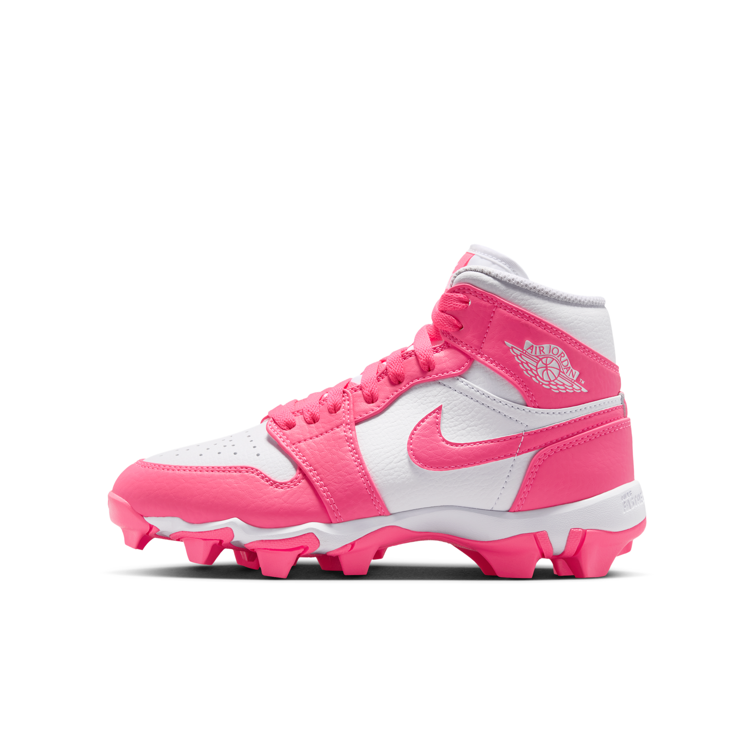 Jordan Big Kids Air Retro 1 Mid Cleats in White/Digital Pink Size: 2.5