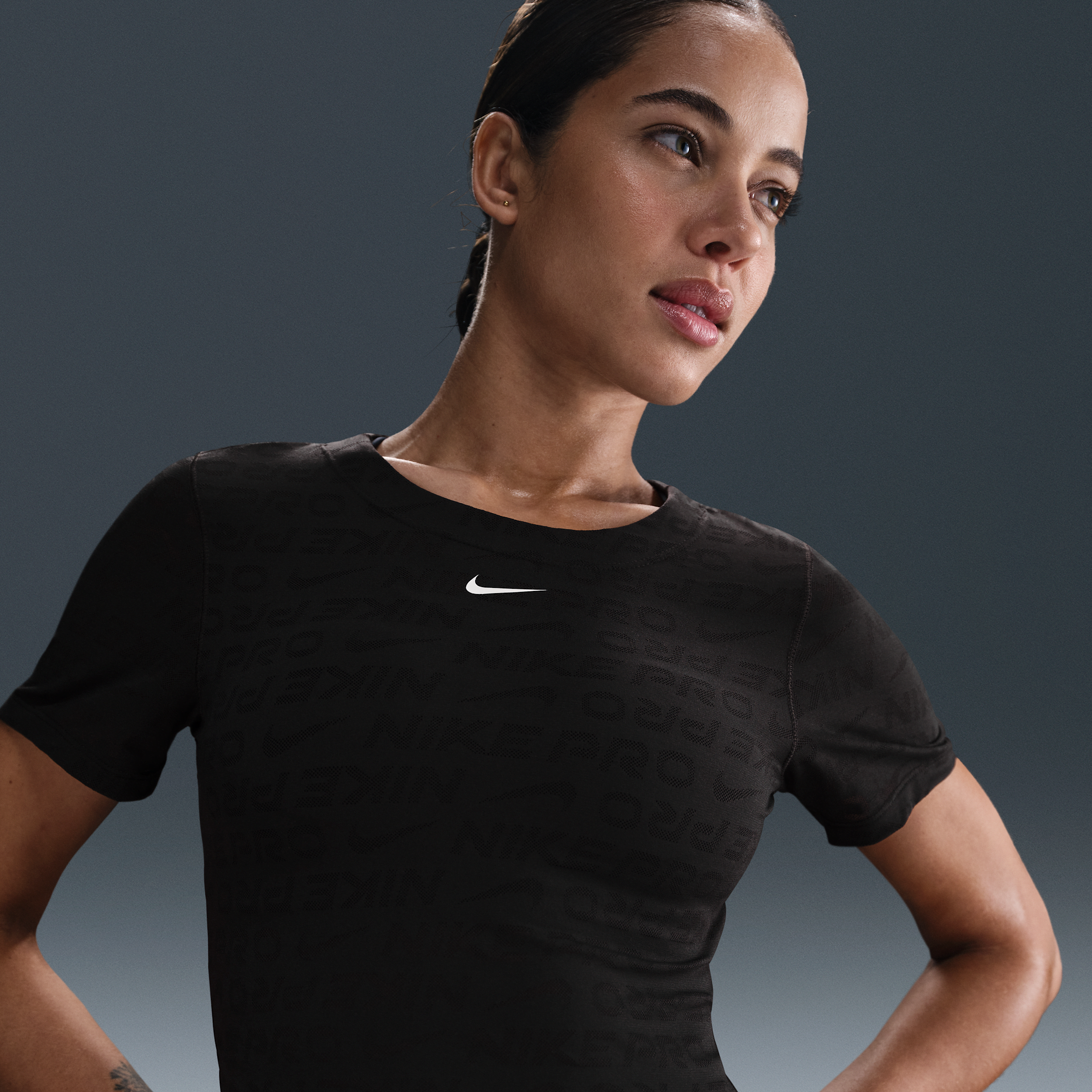 Nike Women's  Pro Dri-fit Short-sleeve Cropped Jacquard Top In Black