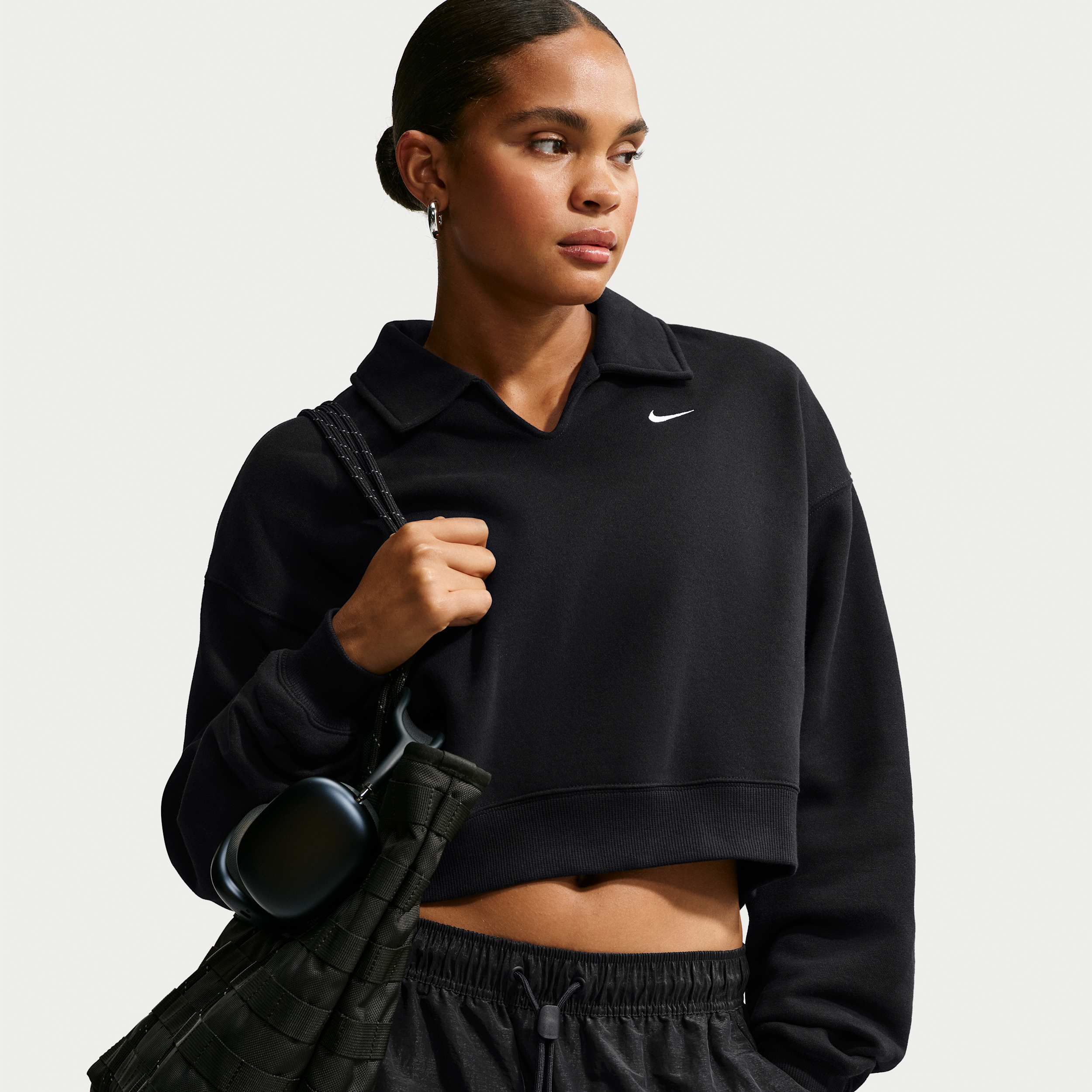 Nike Women's Studio Fleece Medium Weight Oversized Cropped Polo in Black | IM8094-001