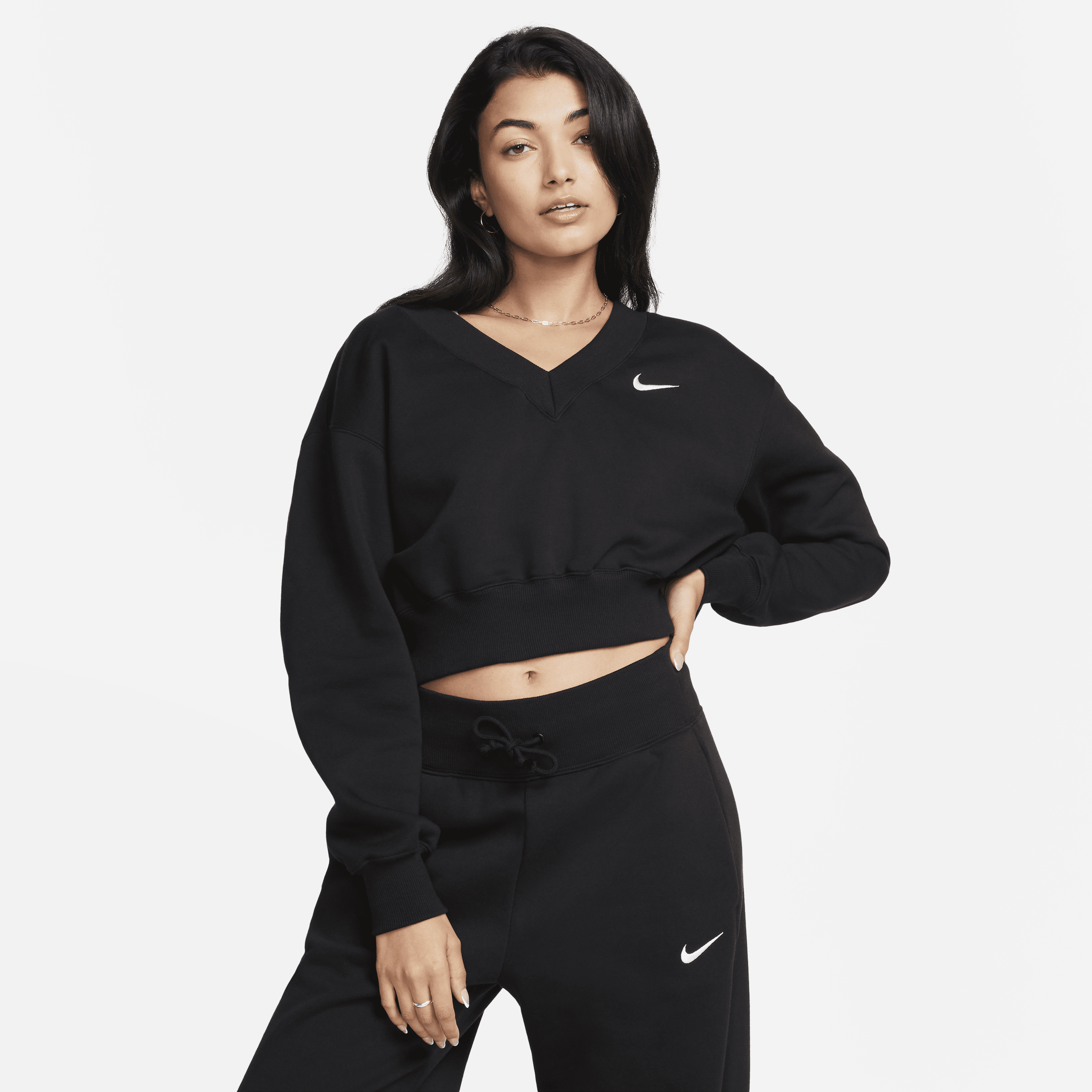 Nike Sportswear Phoenix Fleece korte damestop met V-hals Zwart