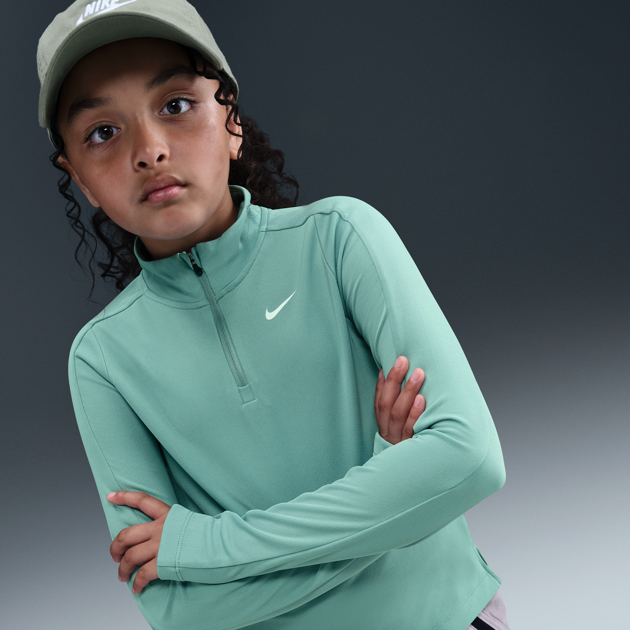 Nike Girls Dri-FIT Long-Sleeve 1/4-Zip Top - Green - Polyester
