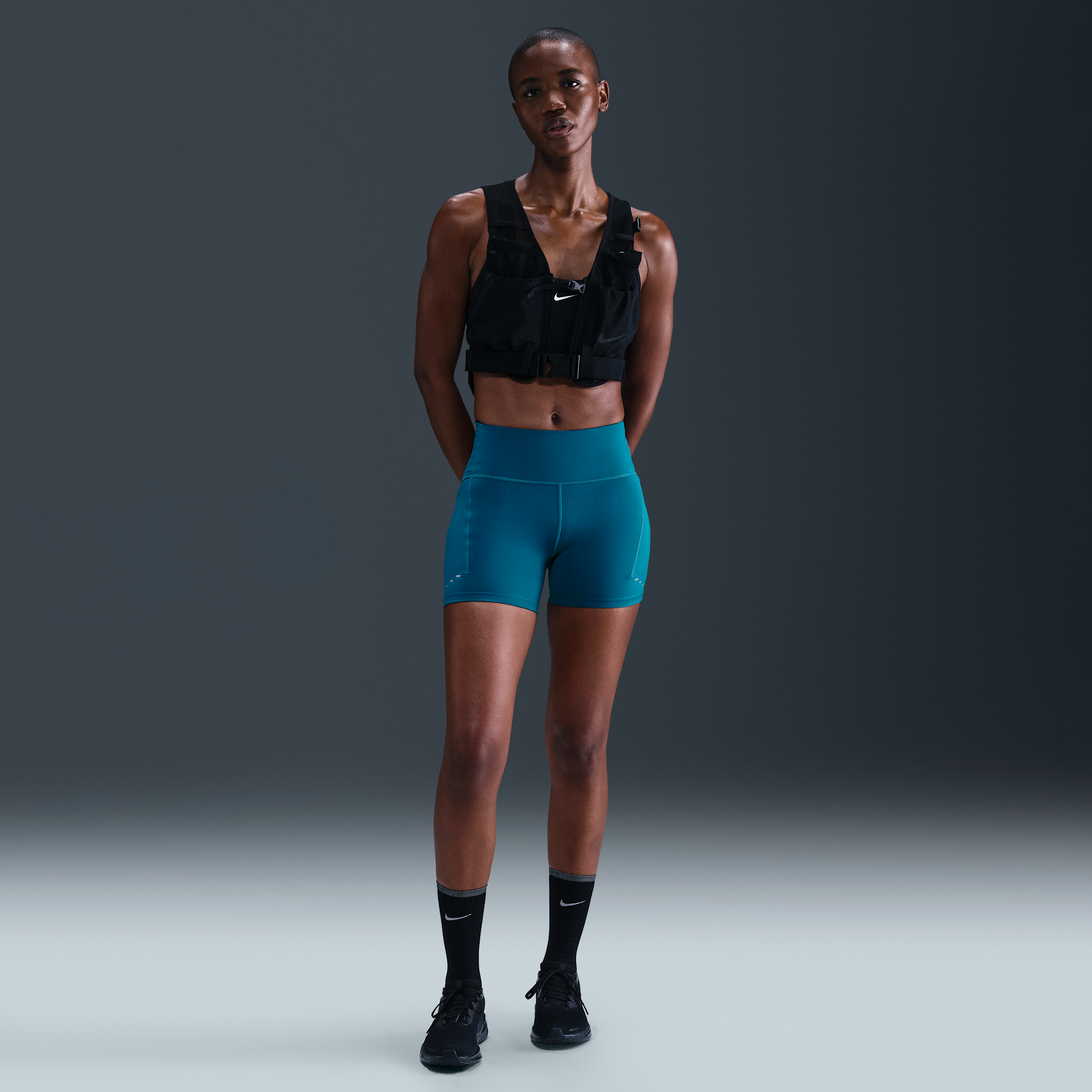 Thumbnail - Nike Swift Damen-Laufshorts mit hohem Taillenbund und Taschen (ca. 10 cm) - Blau