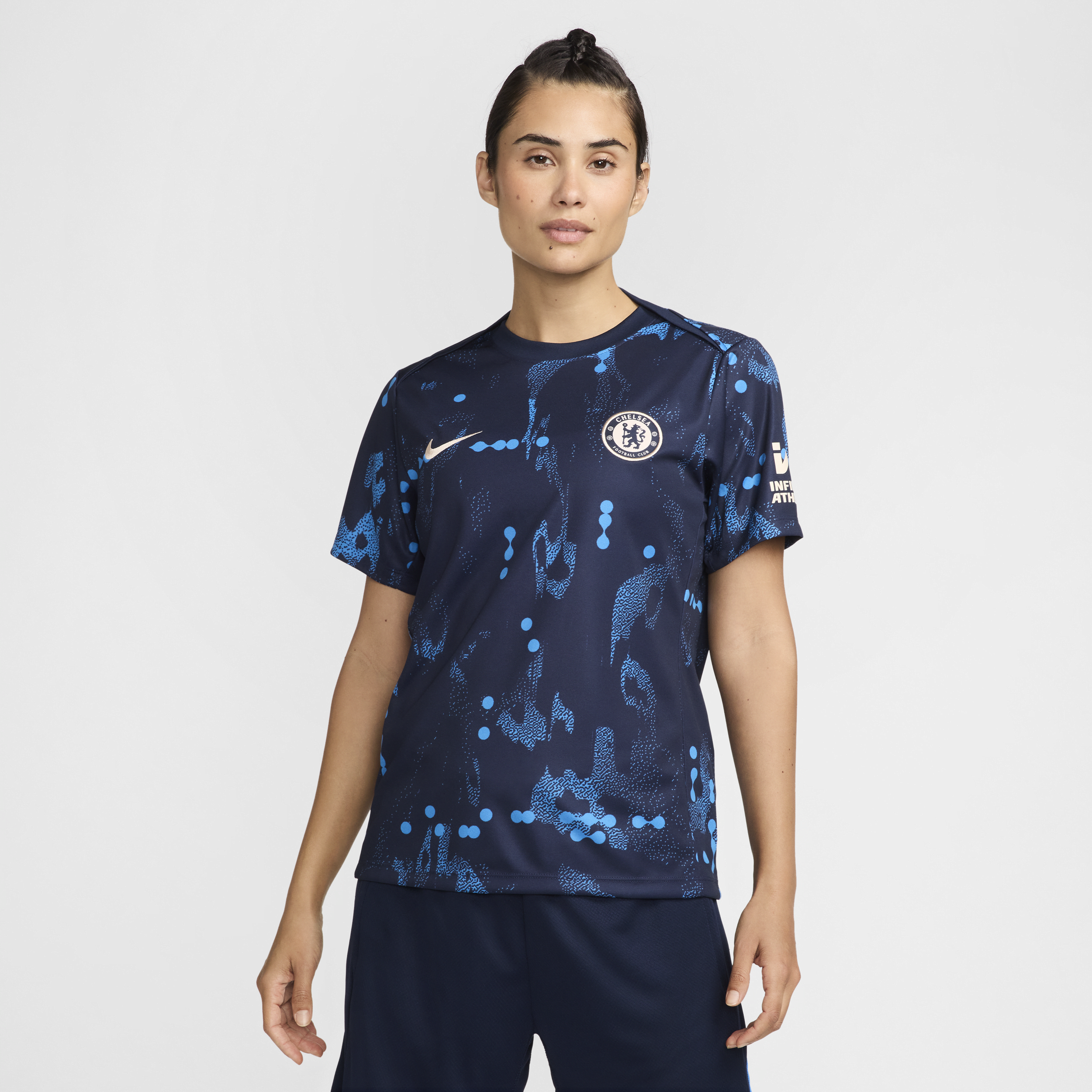 Haut de foot d'avant-match à manches courtes Nike Dri-FIT Chelsea FC Academy Pro pour femme - Bleu