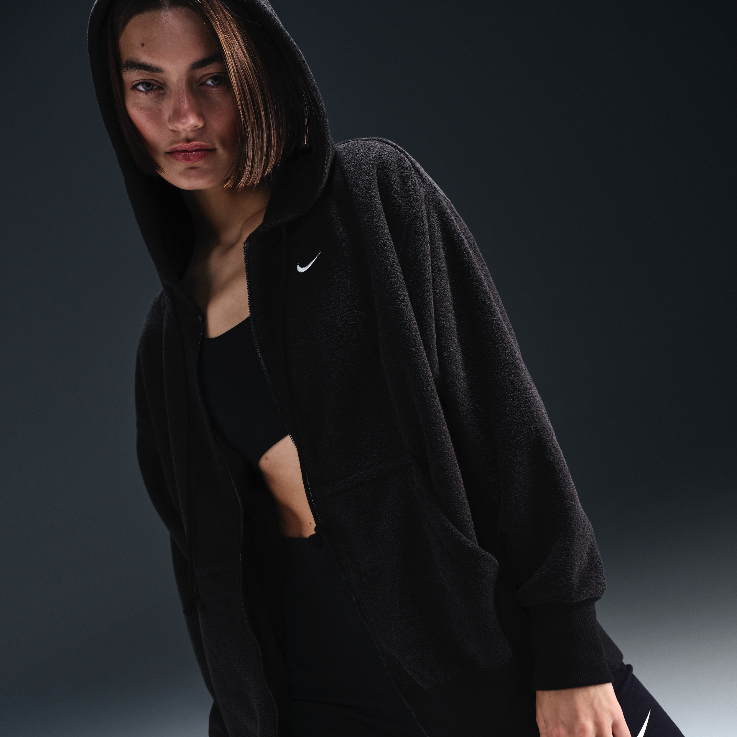Sweat à capuche et zip oversize et cosy en Fleece Nike Sportswear Phoenix Plush pour femme - Noir