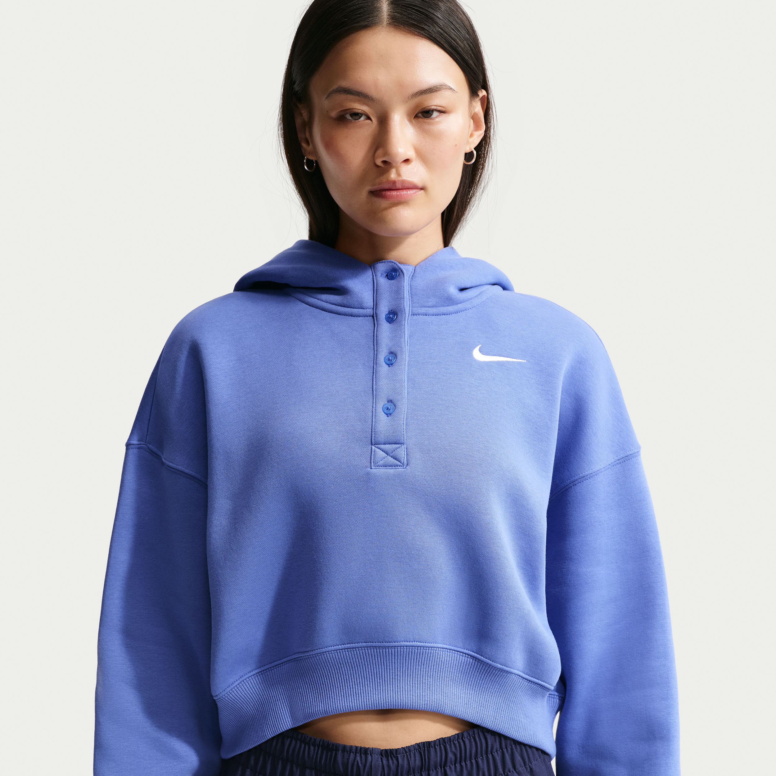 Felpa oversize corta serafino con cappuccio Nike Phoenix Fleece – Donna - Blu