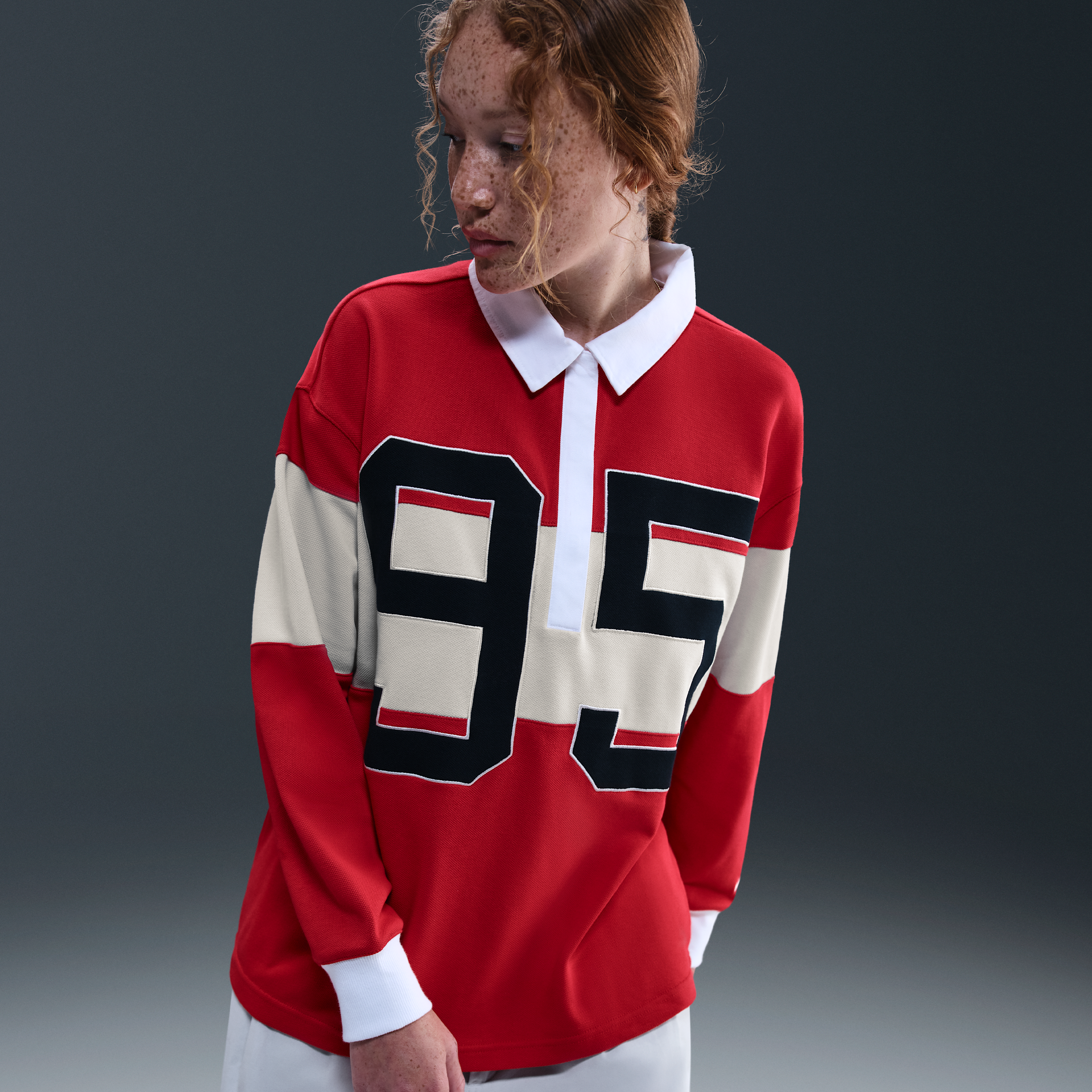 Nike Womens Long-Sleeve Graphic Polo Top - Red - Cotton/Polyester