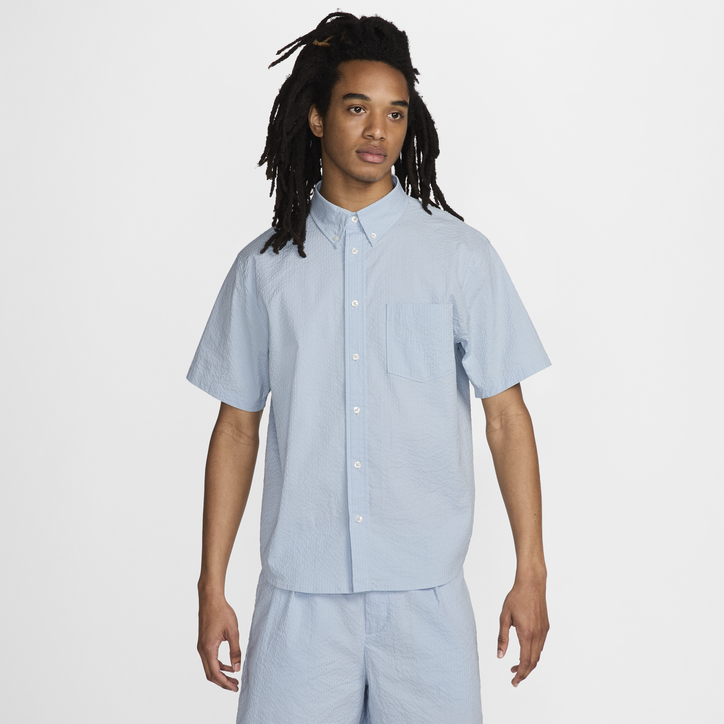 Nike Life seersuckeroverhemd met korte mouwen en knoopsluiting voor heren Blauw