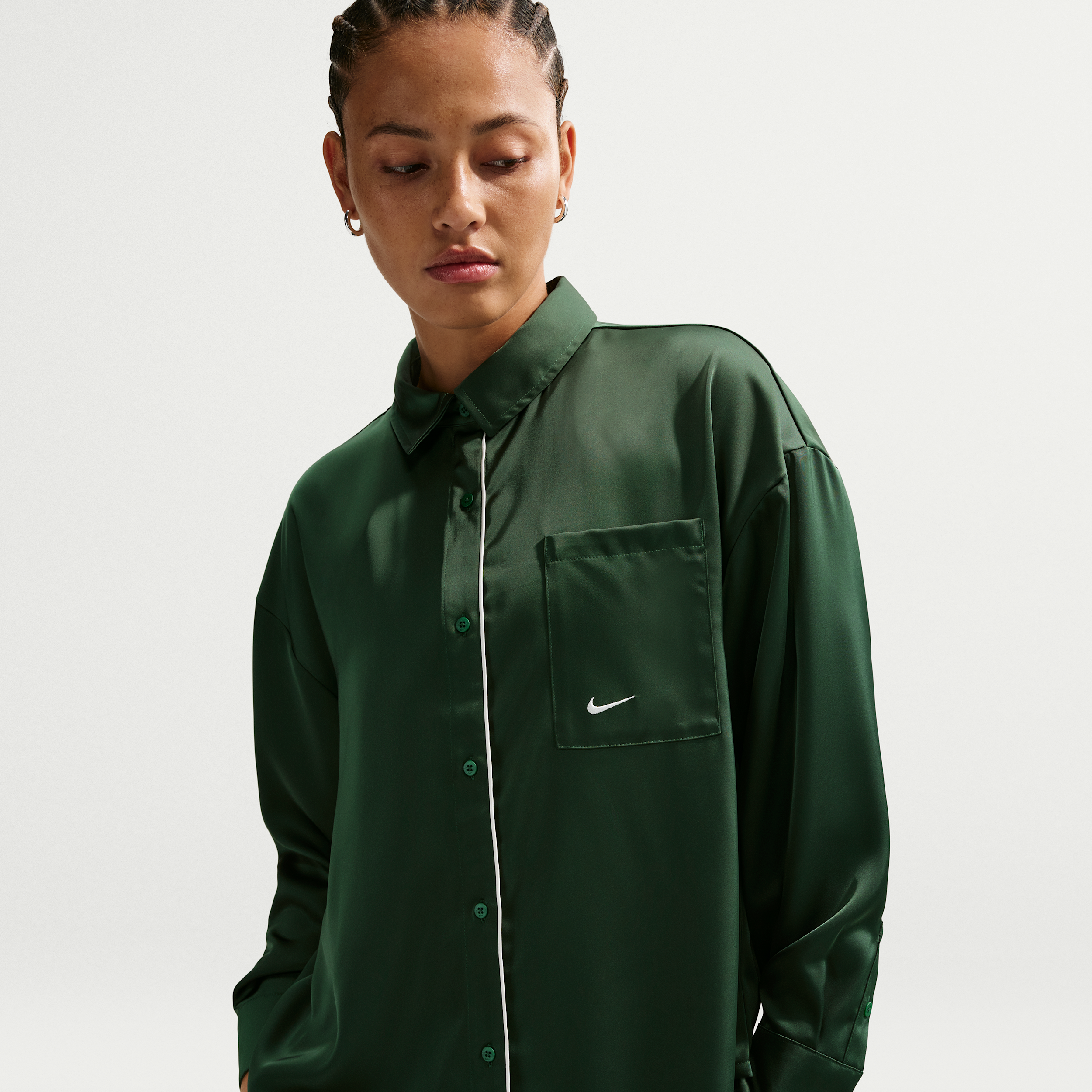 Nike Womens Oversized Satin Long-Sleeve Top - Green - Polyester