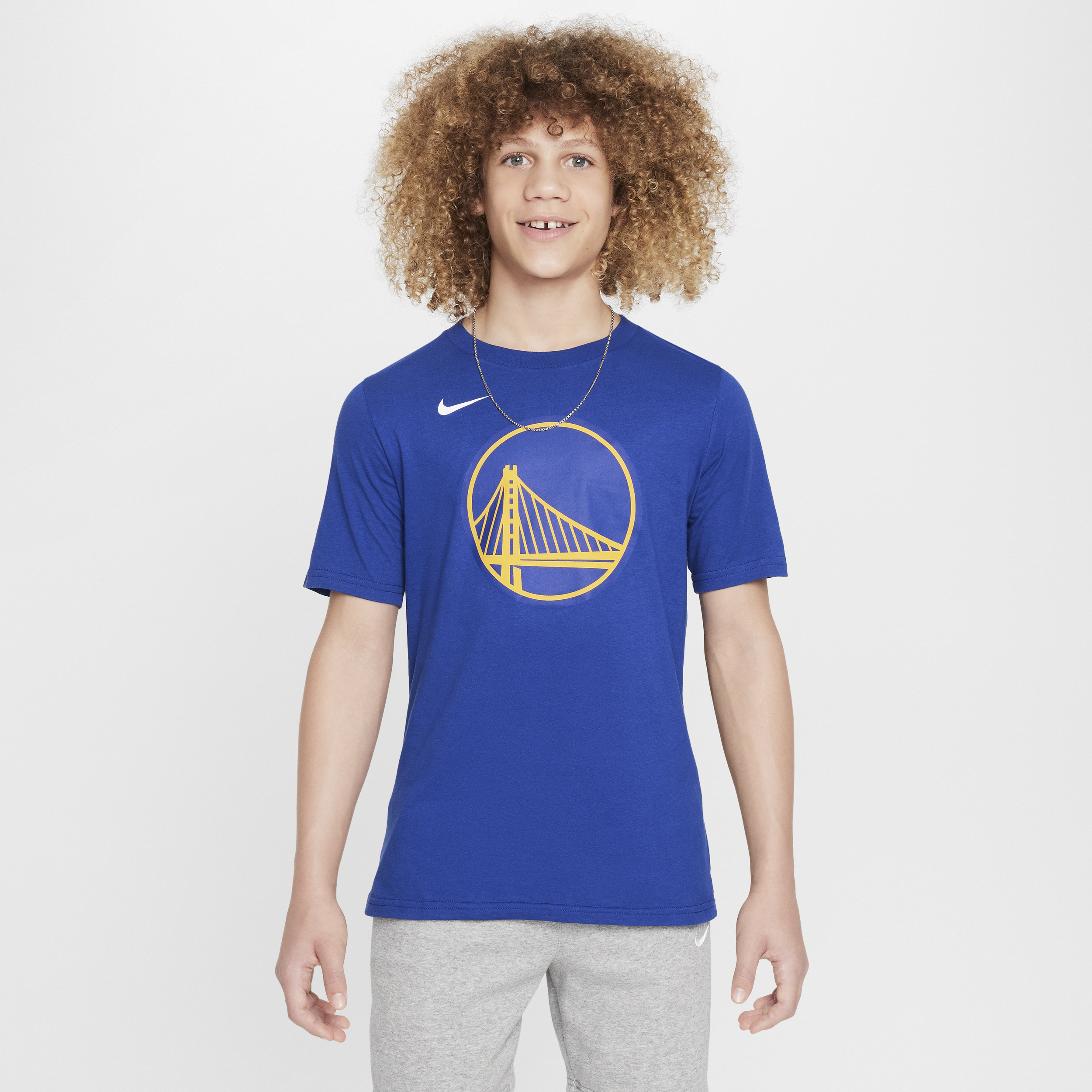 Nike Golden State Warriors Essential NBA-shirt met logo voor jongens Blauw